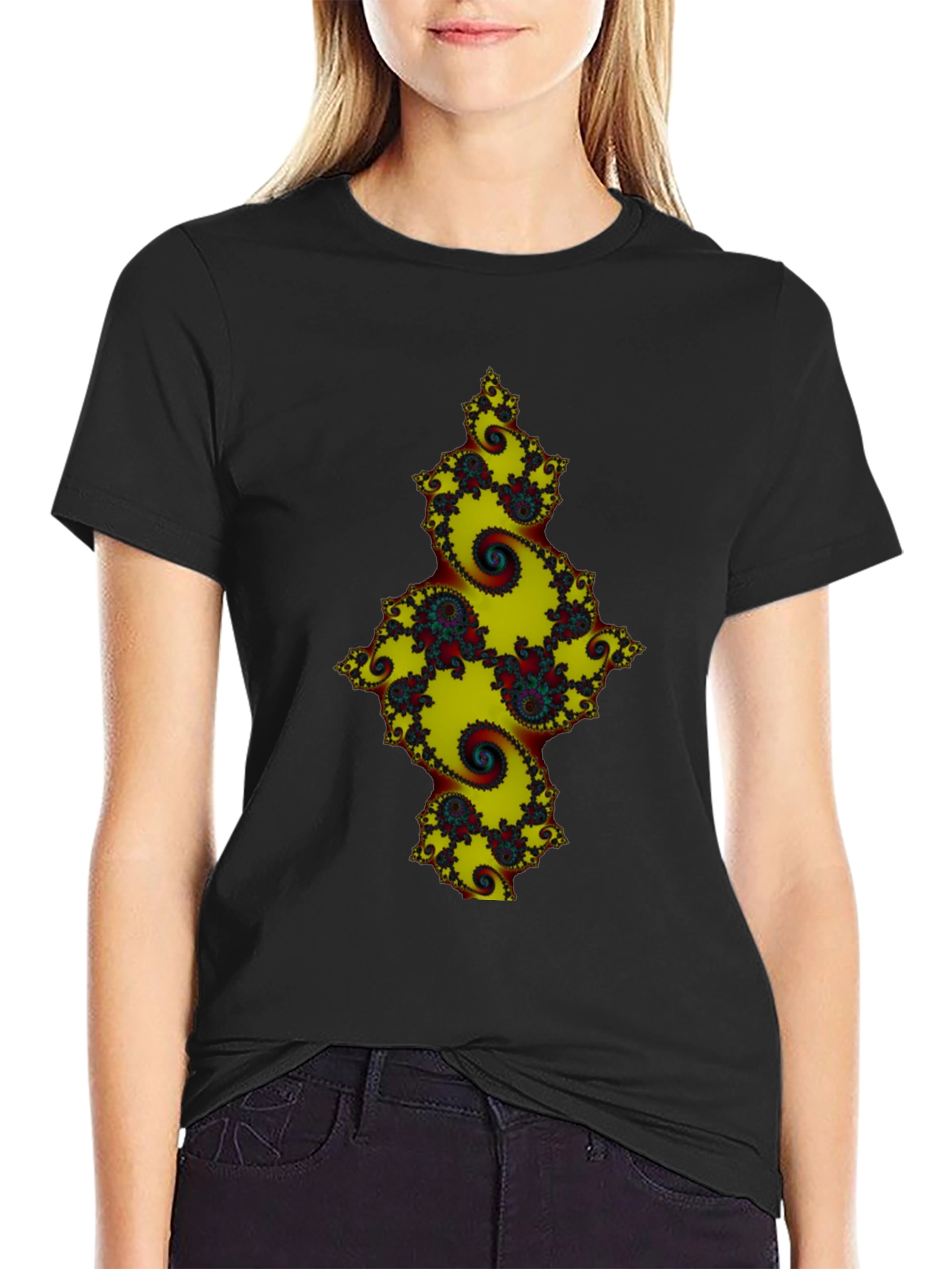 Black Fractal Spiral Graphic Black Tee view 2