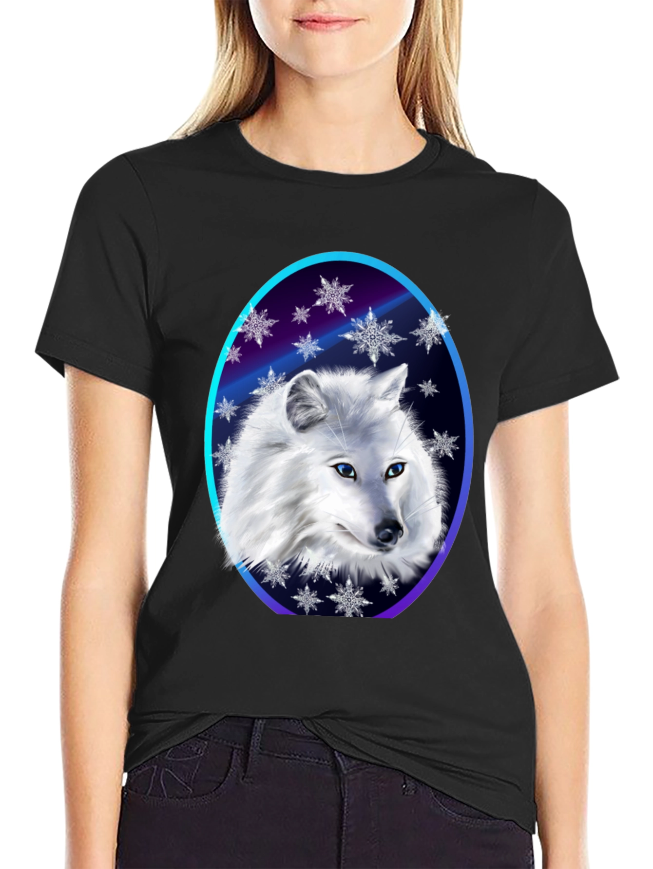 Black Arctic Fox Snowflake T-Shirt - Winter Apparel view 2