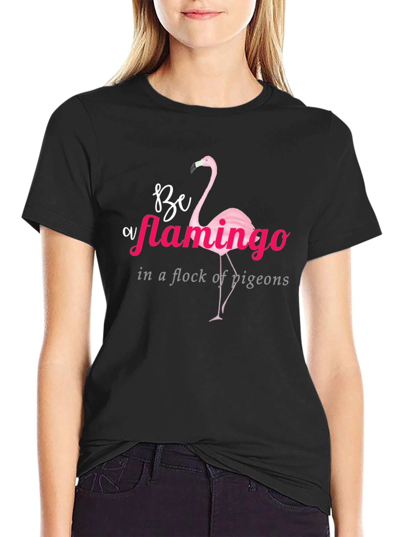 Black Be a Flamingo Graphic Tee - Black Cotton T-Shirt view 2