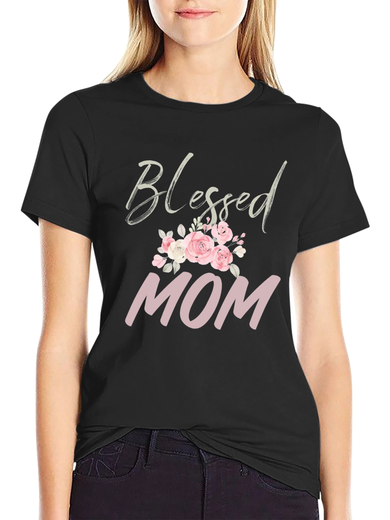 Black Blessed Mom Floral Graphic T-Shirt view 2