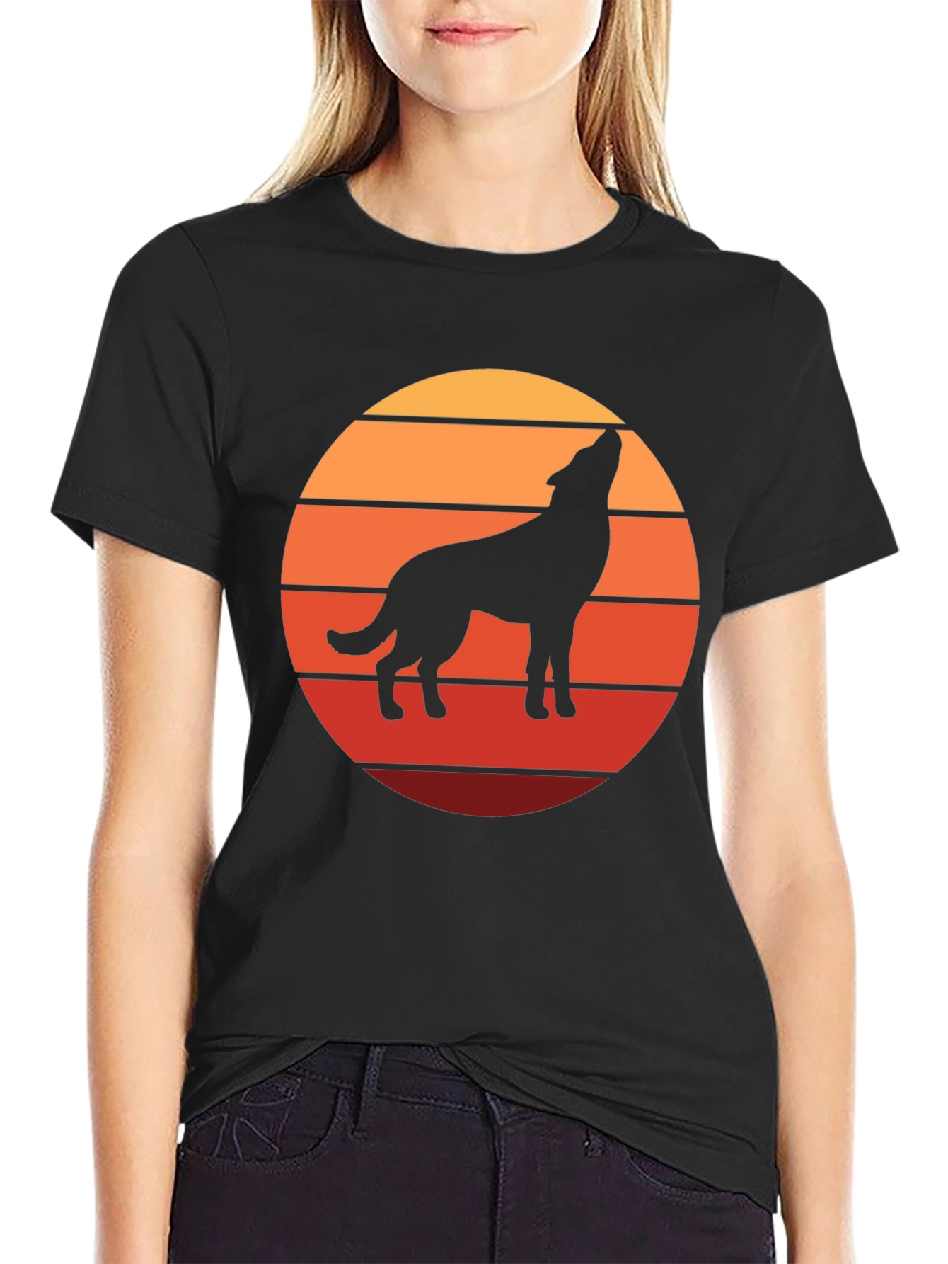 Black Wolf Silhouette Sunset Graphic Tee - Black view 2