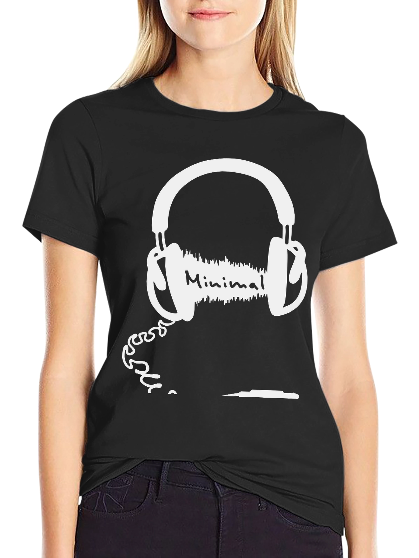 Black Minimal Headphones Black T-Shirt view 2