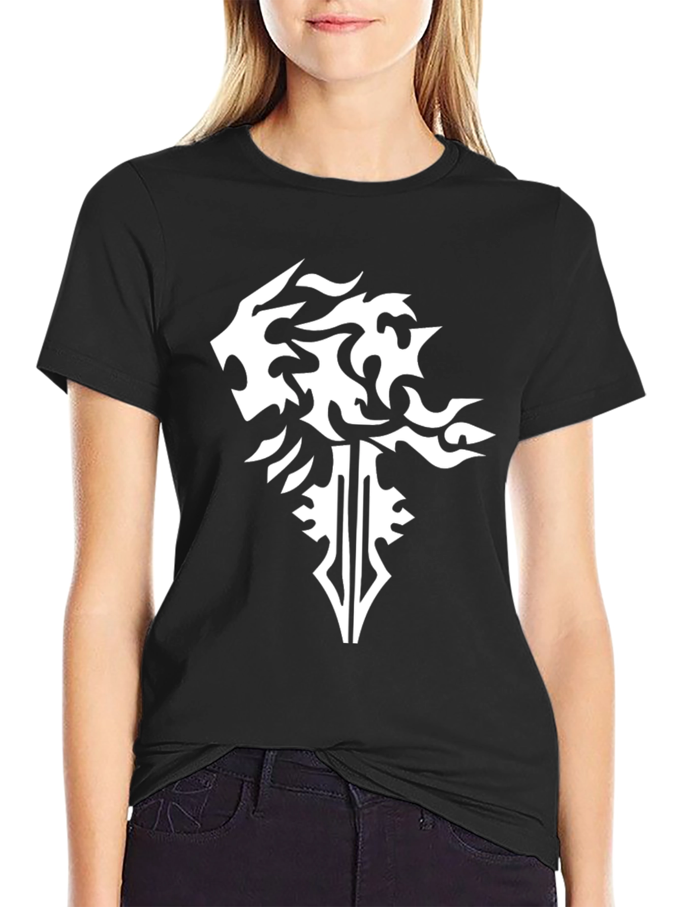Black Black T-Shirt with Abstract Lion & Sword Design view 2