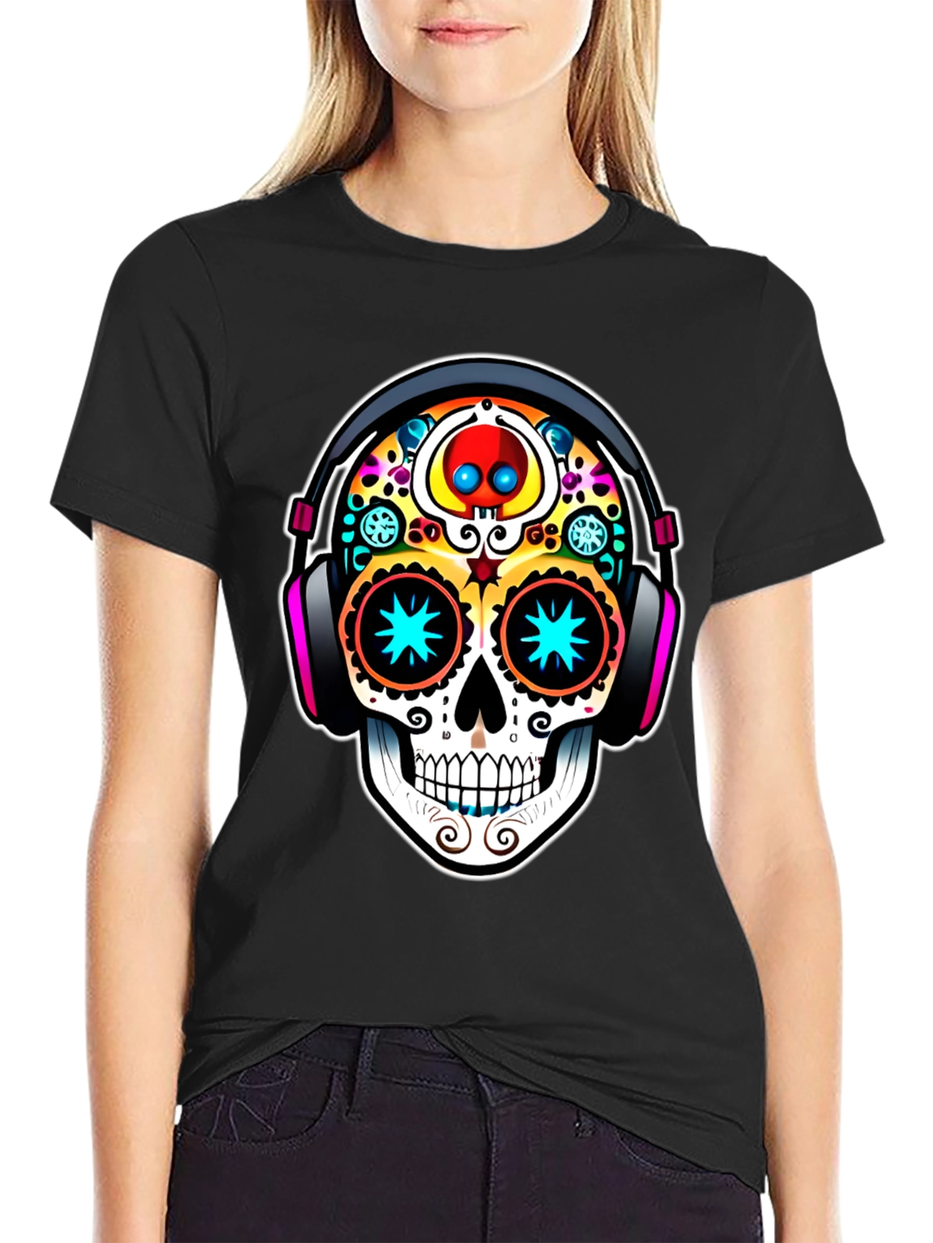 Black Skull DJ Black T-Shirt - Day of the Dead Style view 2