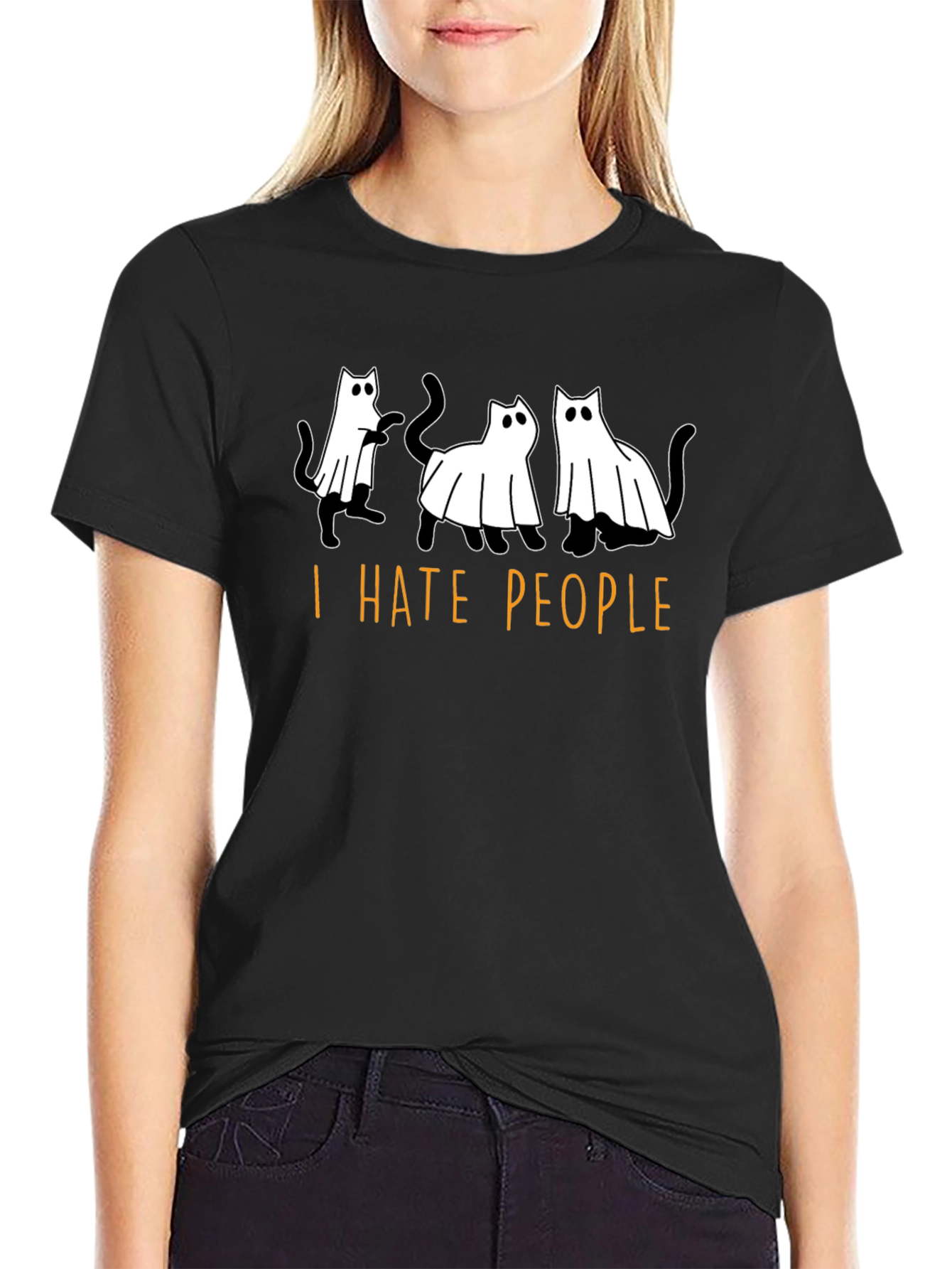 Black I Hate People Ghost Cats Black T-Shirt view 2