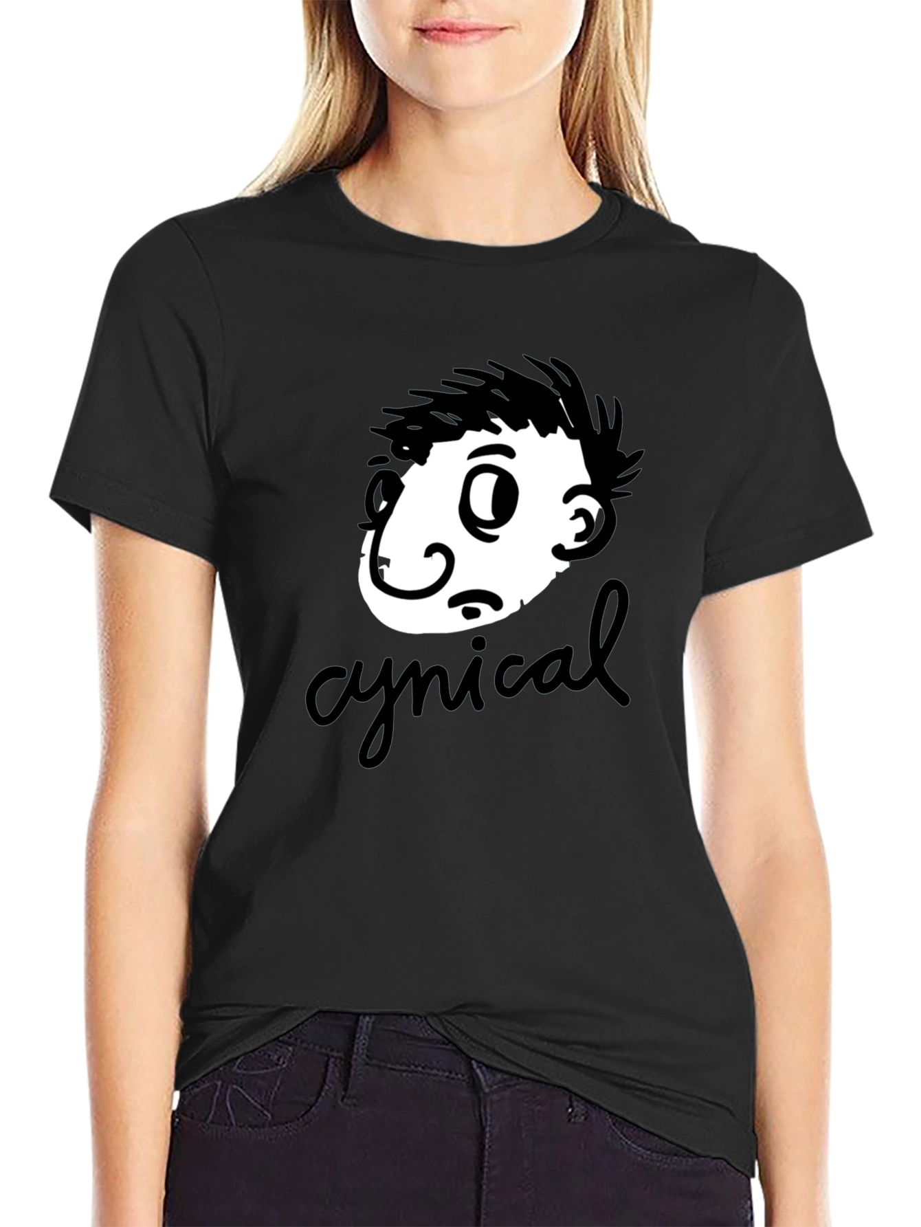 Black Cynical Cartoon Graphic T-Shirt - Black view 2