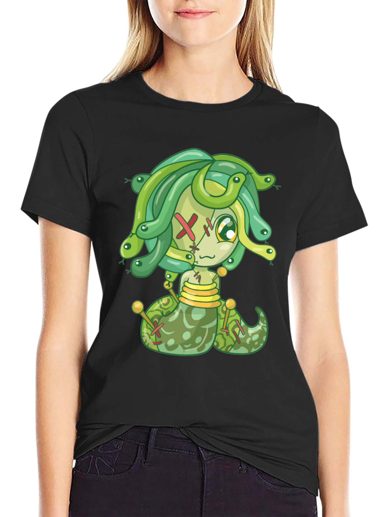 Black Medusa Cartoon Graphic Tee - Black view 2