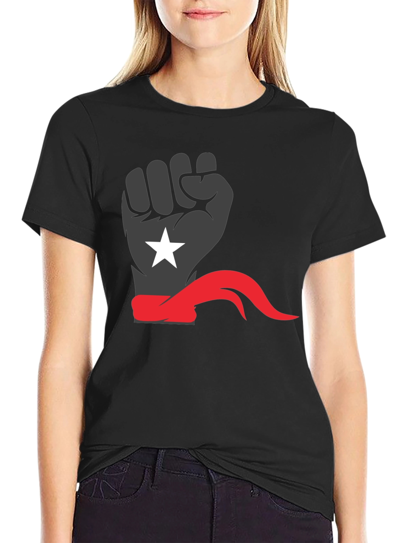 Black Power Fist Tee - Red Bandana Star Design - 2