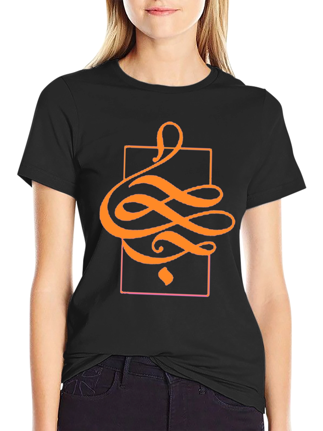 Black Stylish Black T-Shirt with Abstract Orange Design view 2