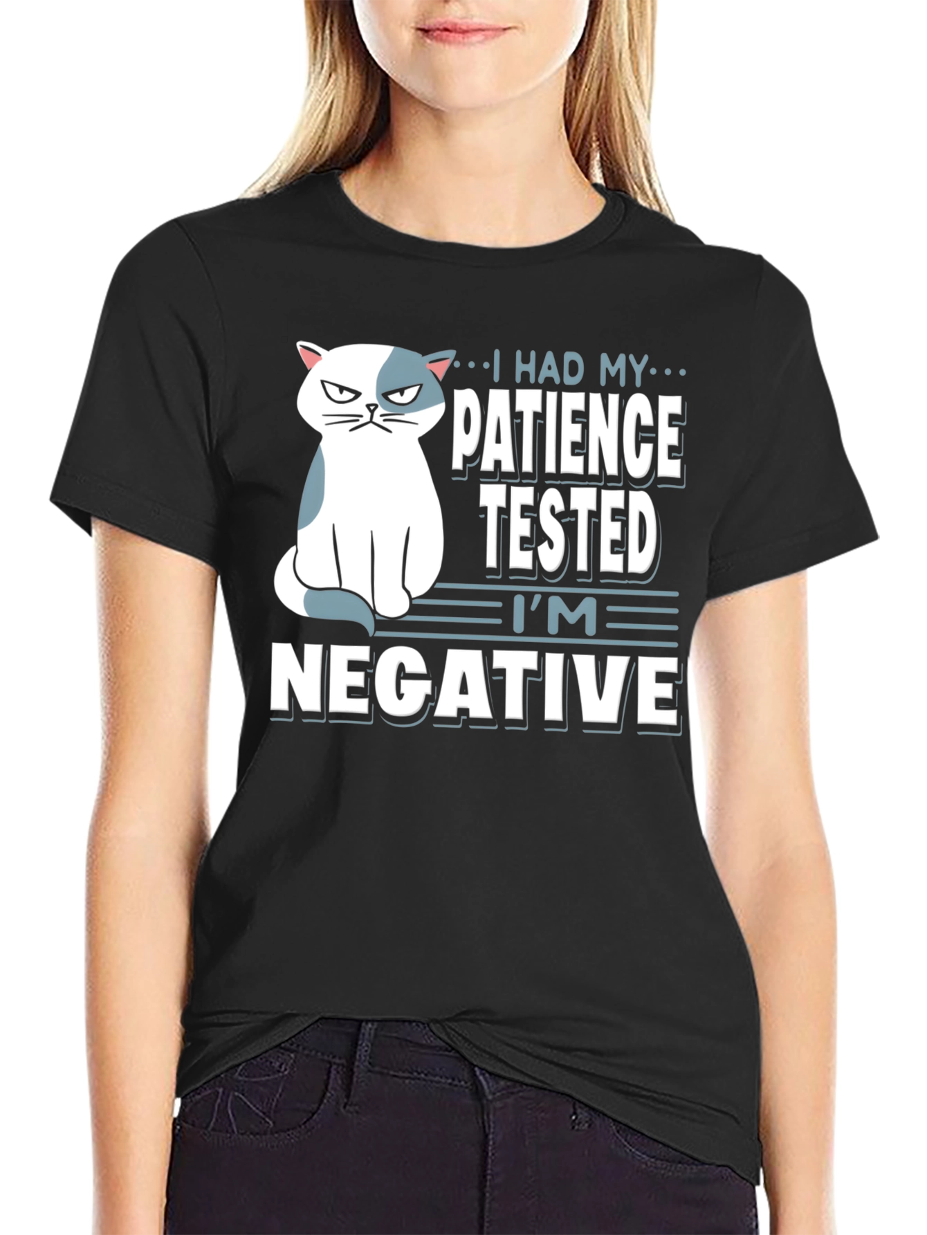 Black Humorous Cat Patience Tested Black T-Shirt view 2