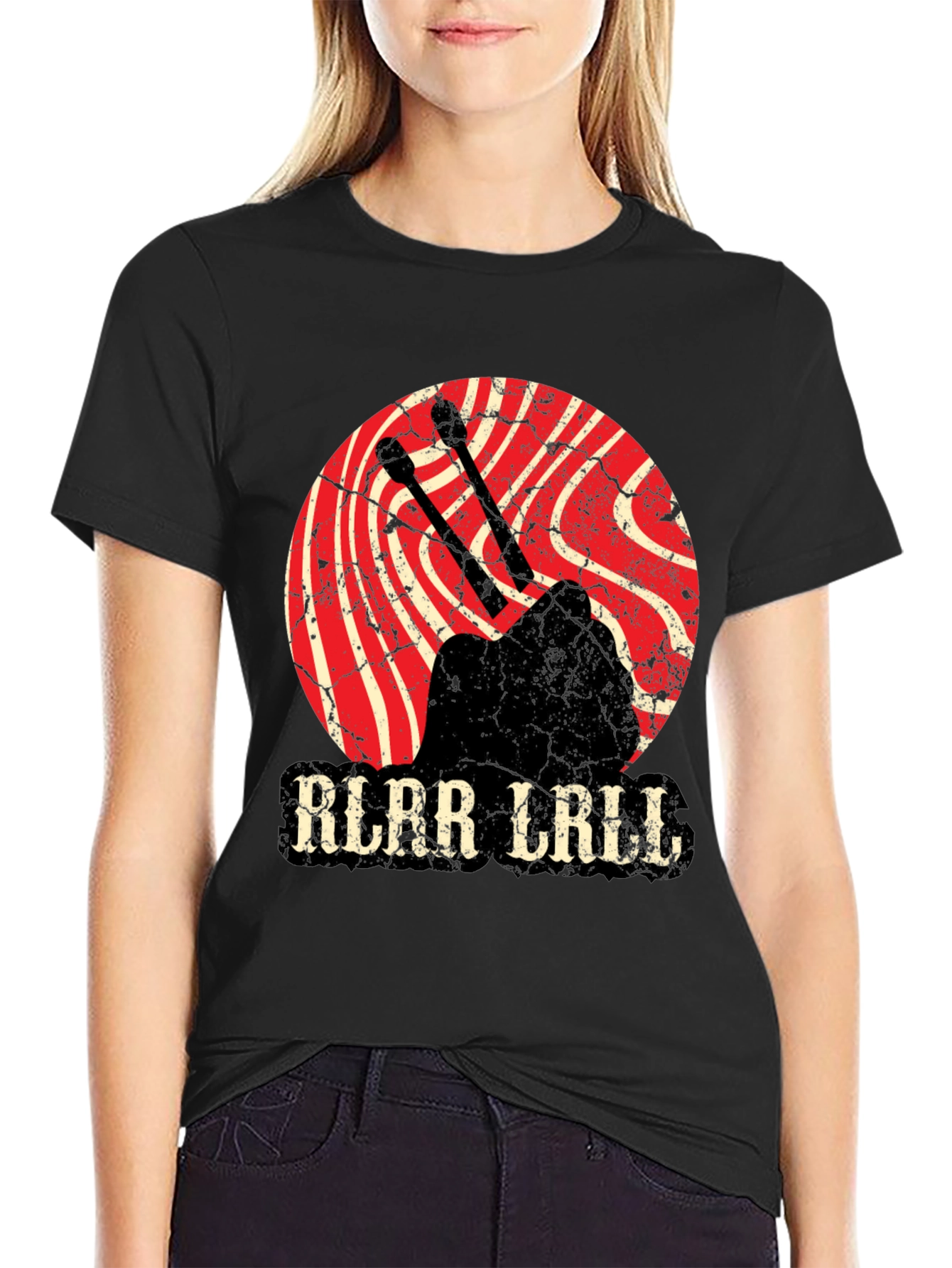 Black Vintage Style Drummer T-Shirt - Rlar Lrill Design view 2