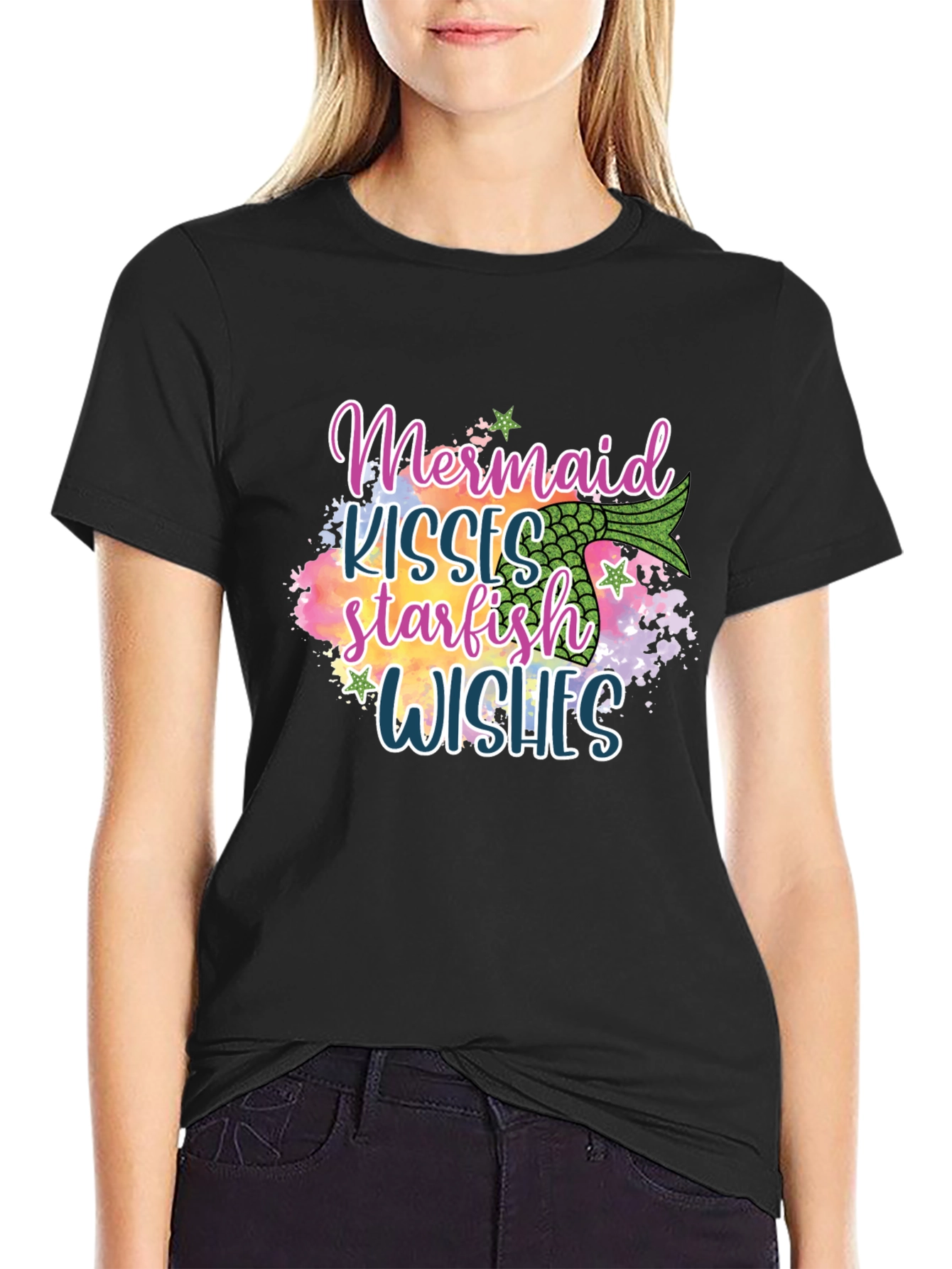 Black Mermaid Kisses Starfish Wishes Graphic Tee view 2