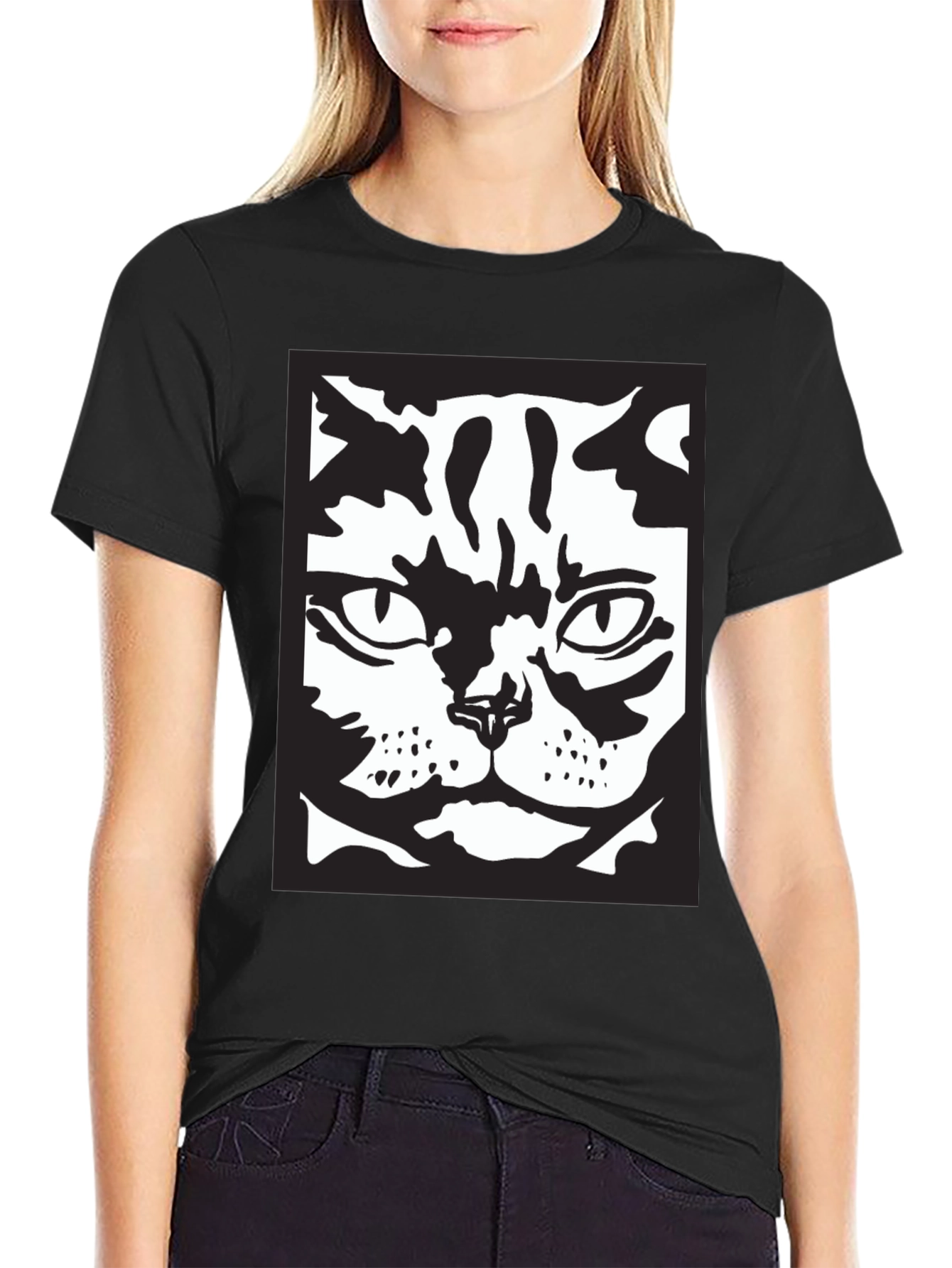 Black Cool Cat Face Graphic Black T-Shirt view 2