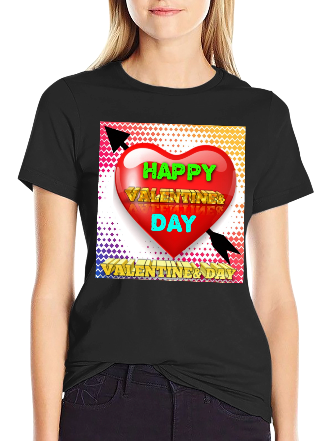 Black Happy Valentine's Day T-Shirt, Heart Arrow Design view 2