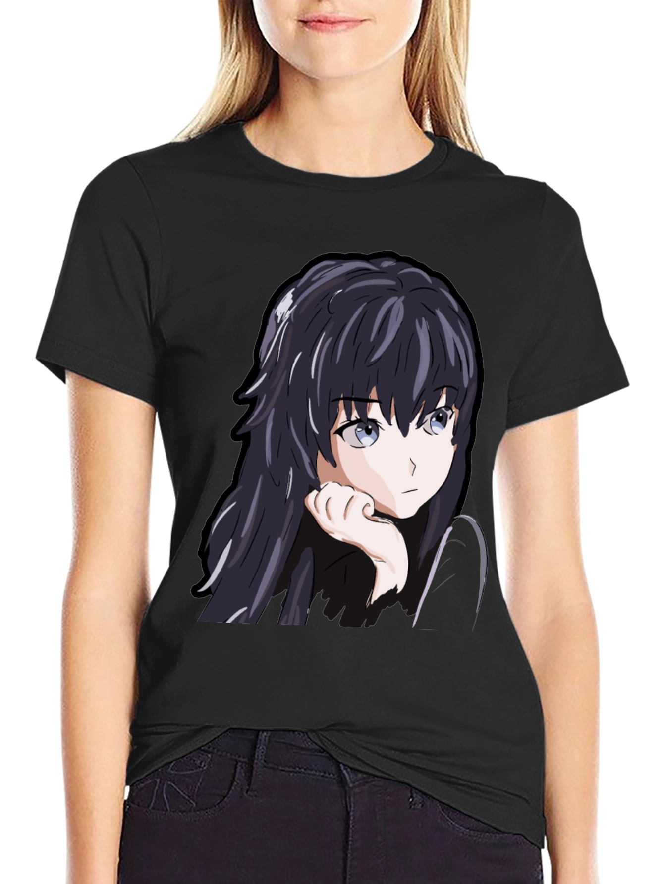 Black Anime Girl Graphic Tee - Black Cotton Casual T-Shirt view 2