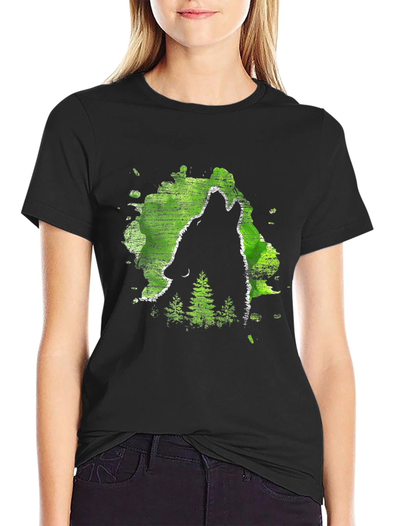 Black Wolf Howl Black T-Shirt, Green Forest Design view 2