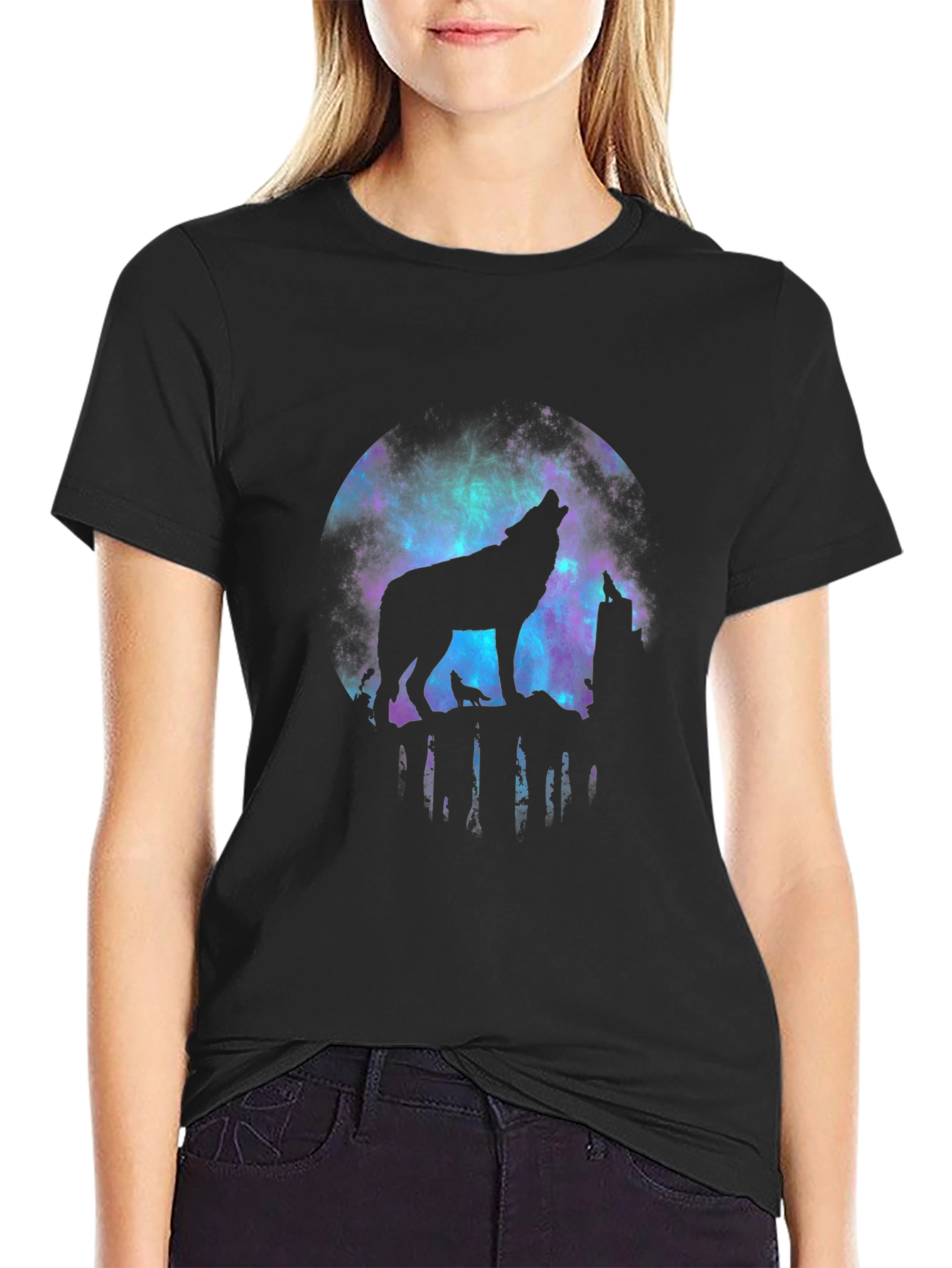 Black Wolf Galaxy T-Shirt - Men's Black Tee view 2
