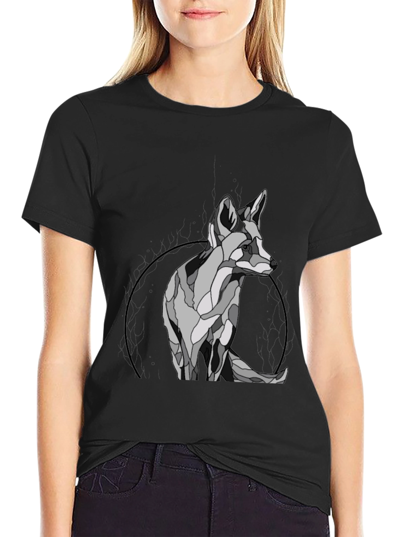 Black Geometric Fox Graphic T-Shirt view 2