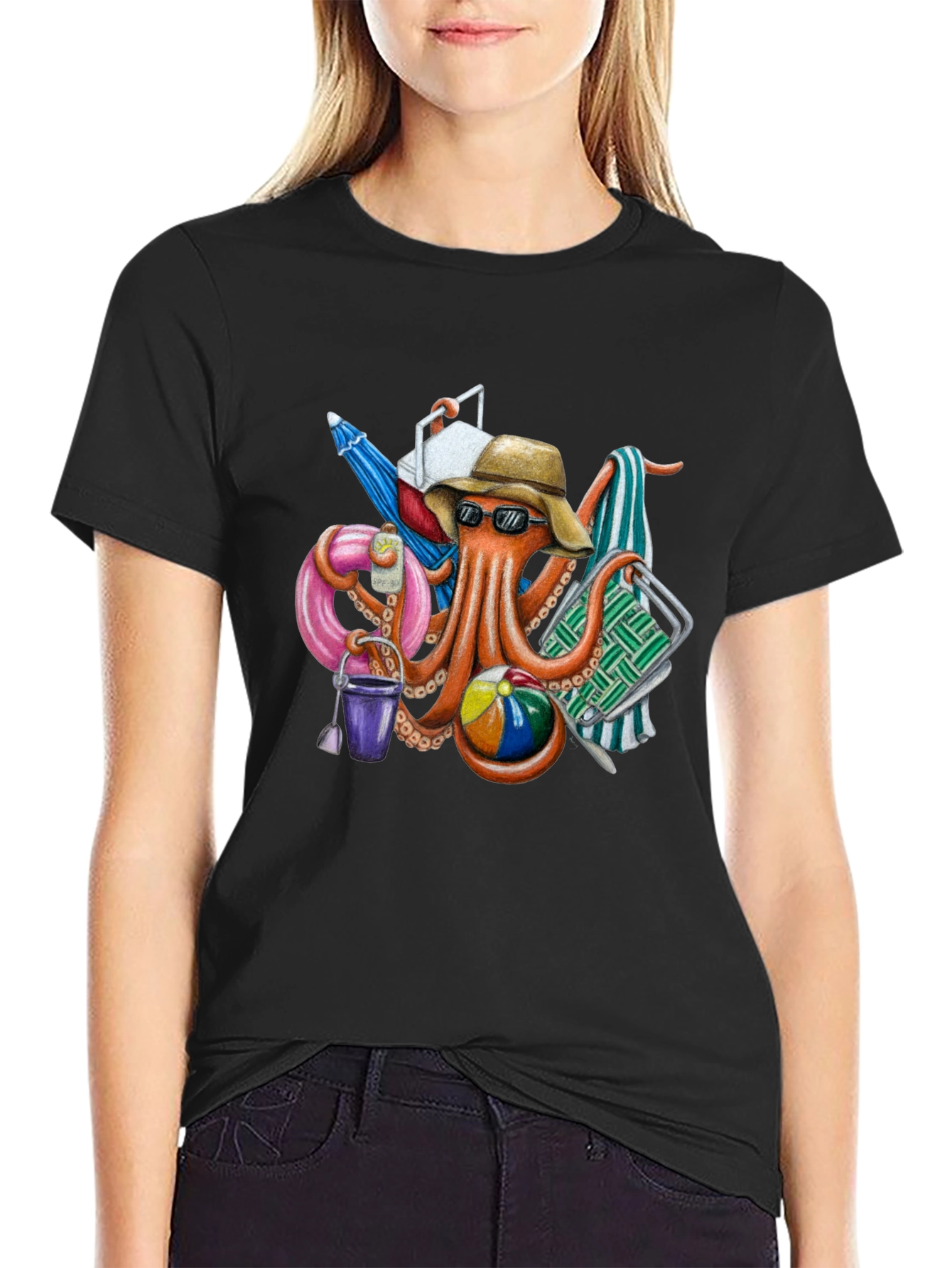 Black Beach Octopus Graphic T-Shirt - Summer Fun! view 2
