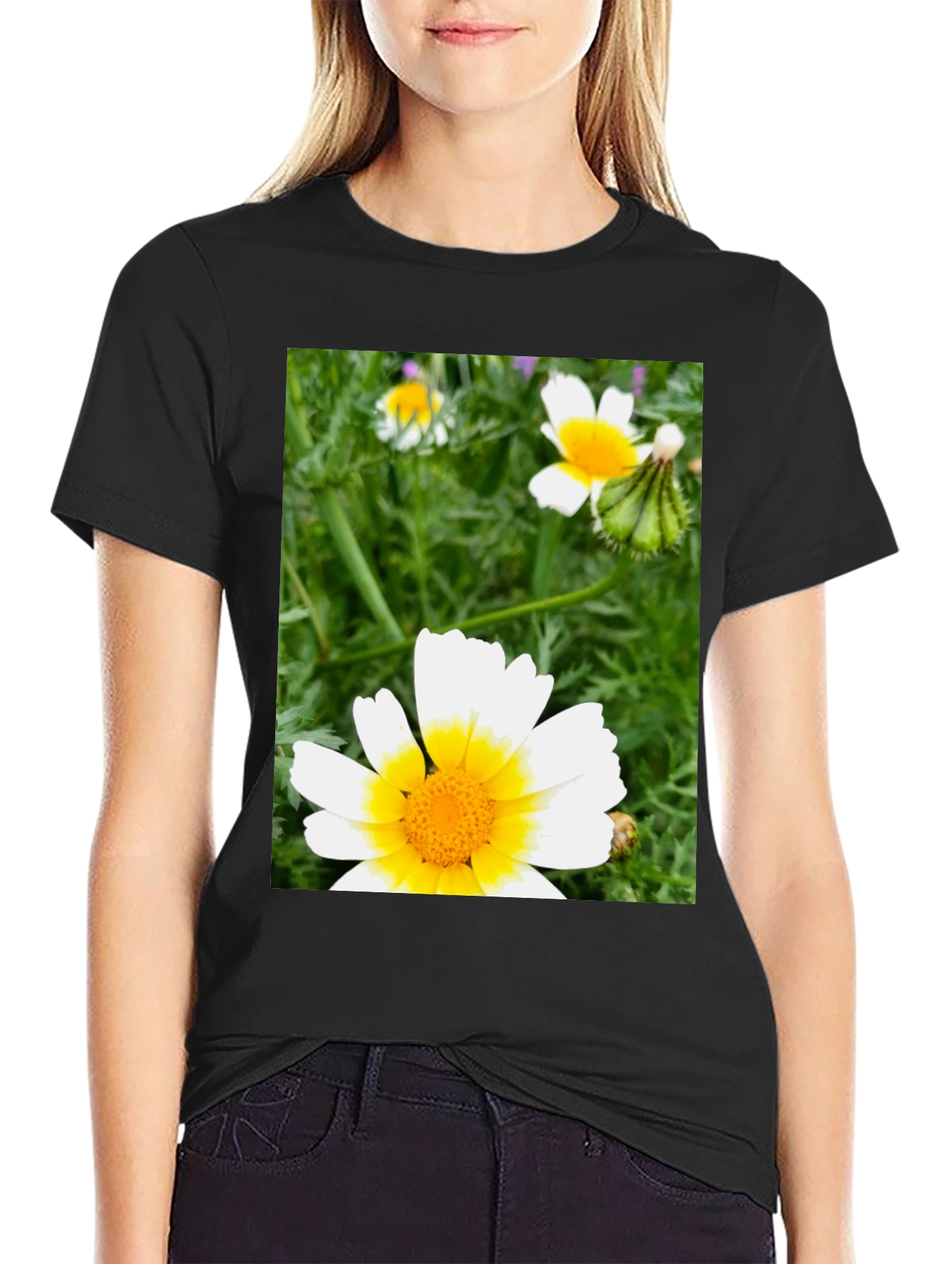 Black Daisy Flower Graphic T-Shirt - Casual Black Tee view 2