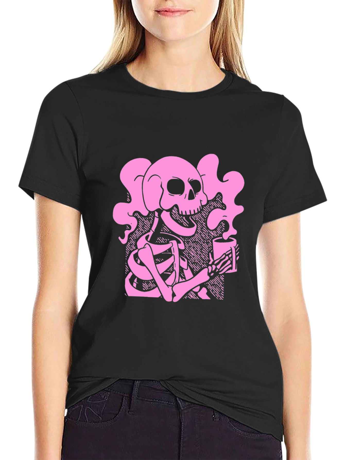Black Skeleton Coffee T-Shirt - Gothic Style, Relaxed Fit view 2