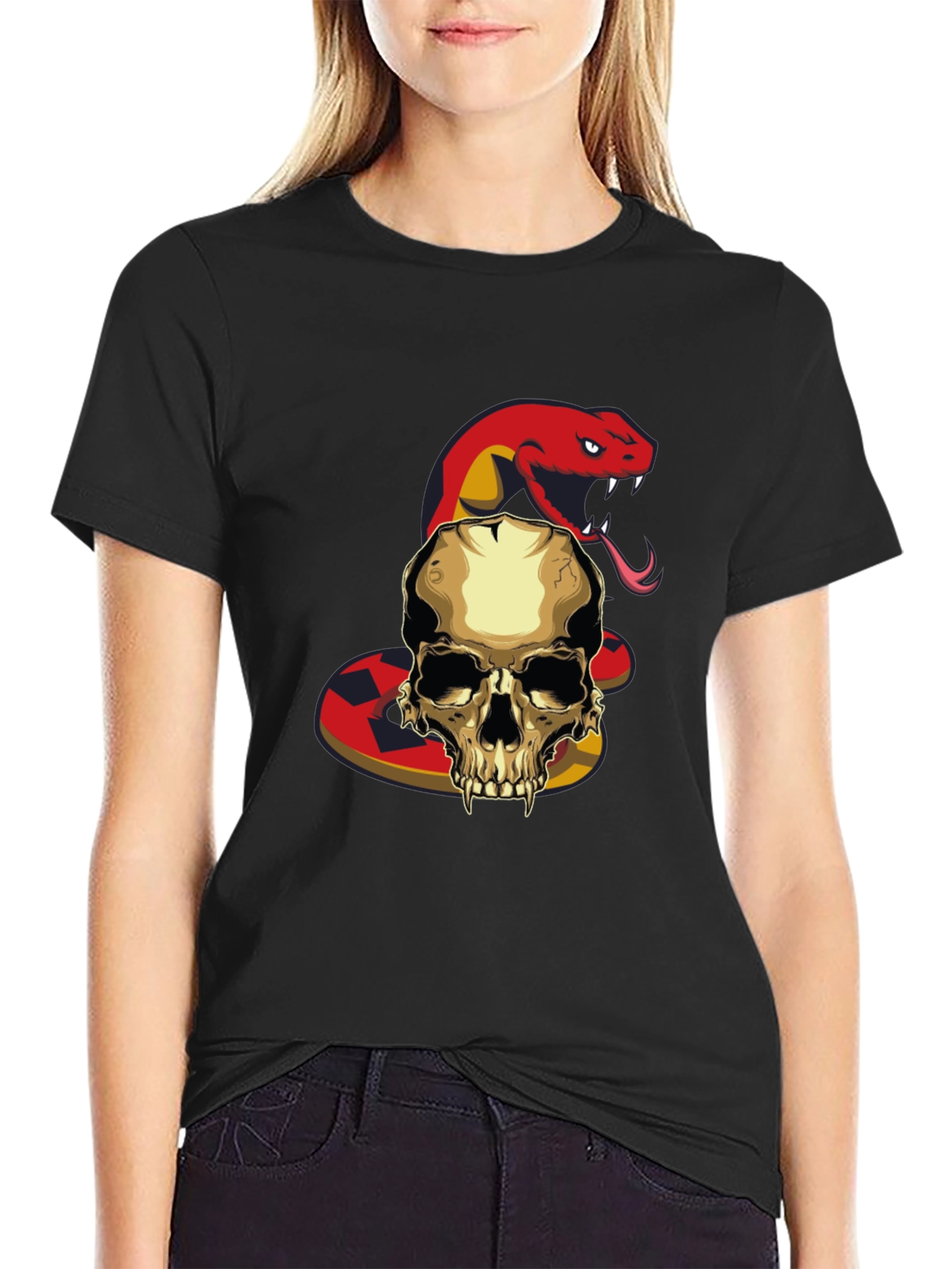 Black Skull and Snake Graphic T-Shirt view 2