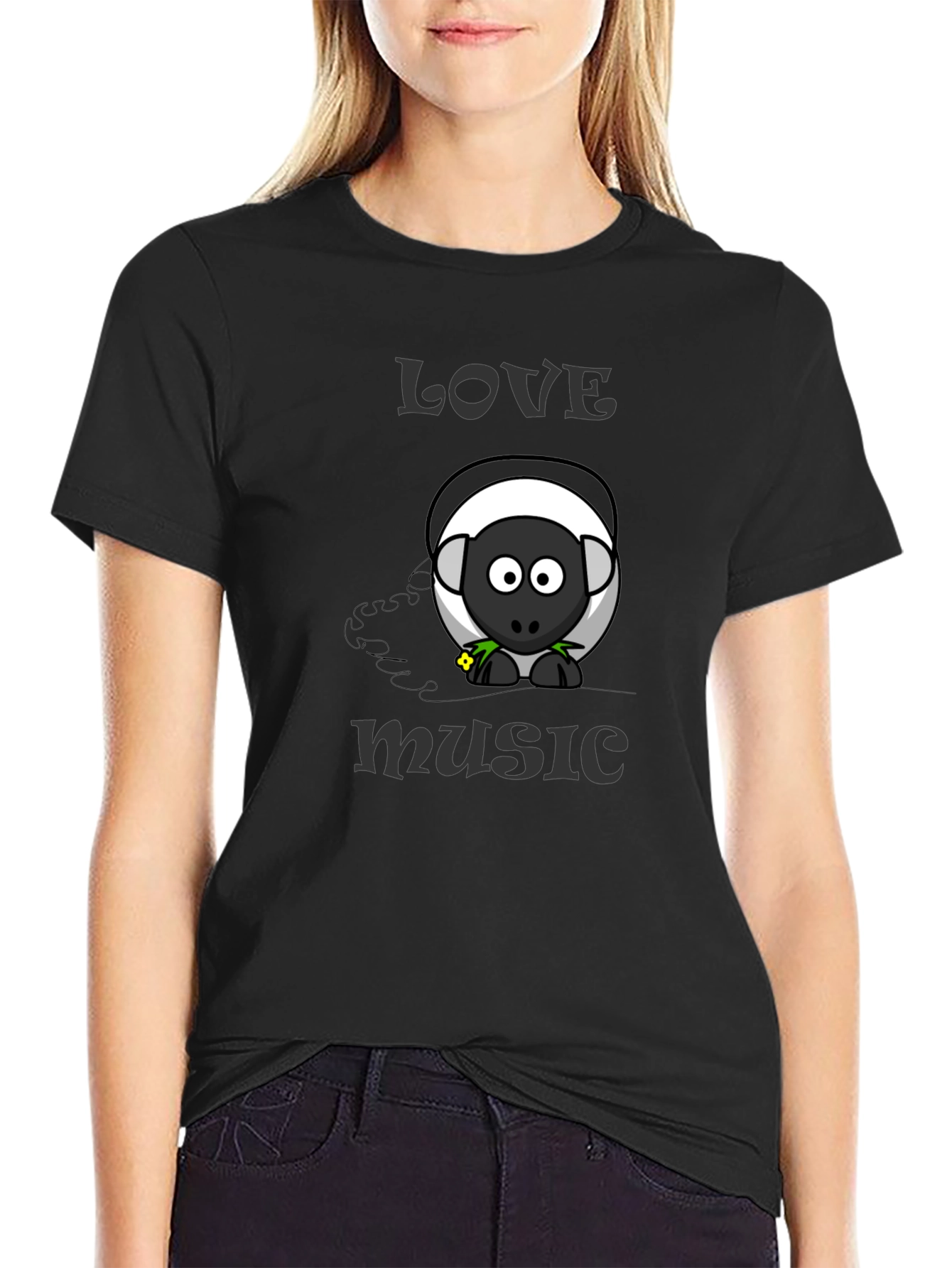 Black Love Music Sheep Cartoon Graphic T-Shirt view 2