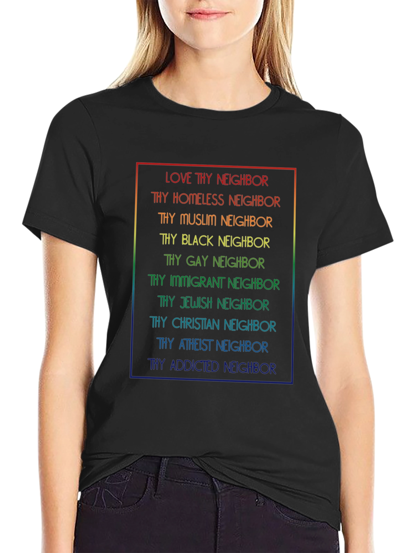 Black Love Thy Neighbor T-Shirt - Rainbow Text view 2