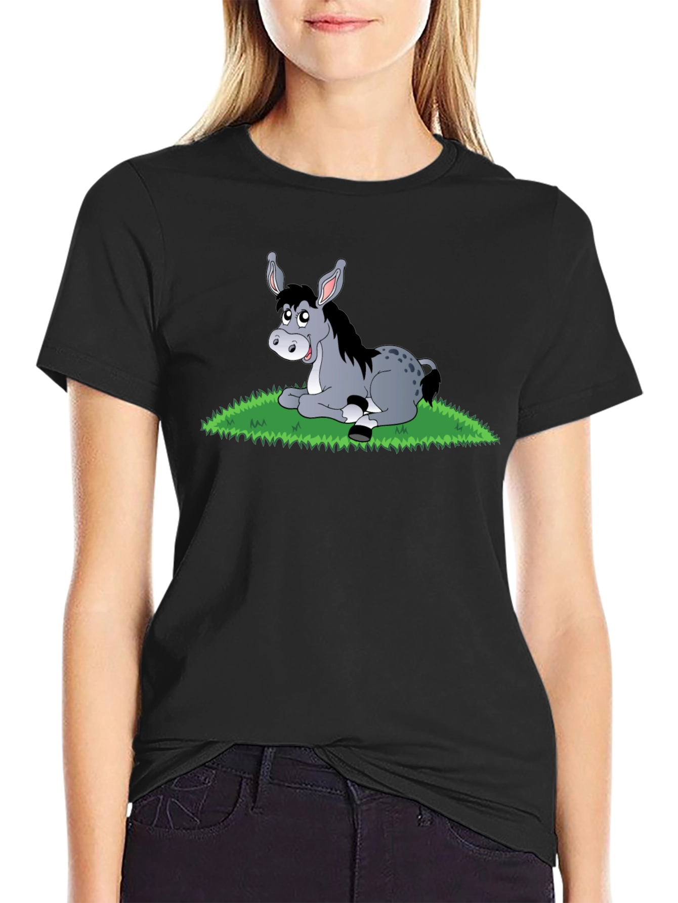 Black Cute Donkey Cartoon Black T-Shirt view 2