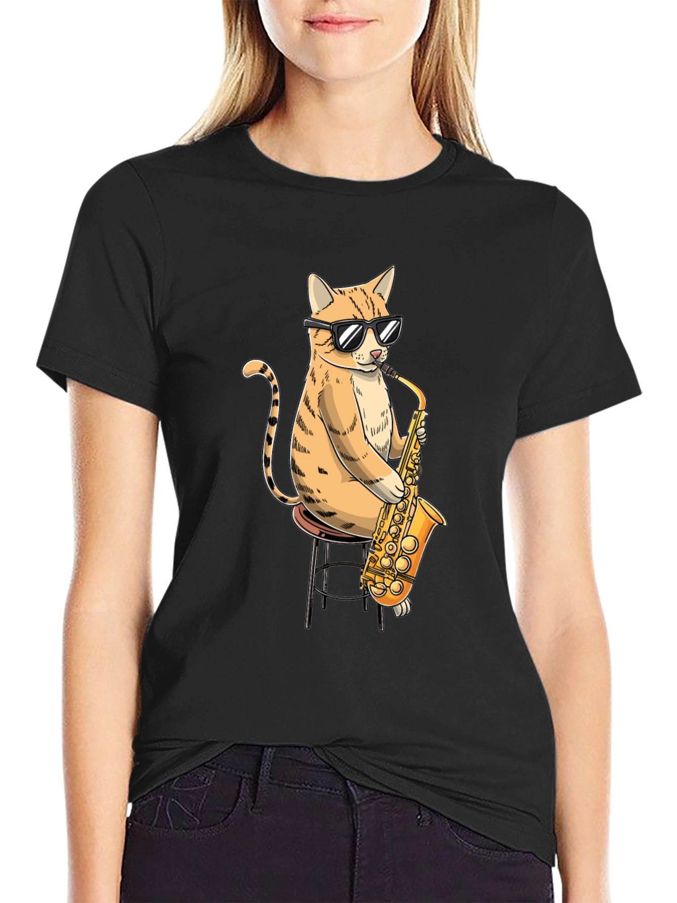 Black Cool Cat Saxophone Graphic T-Shirt view 2