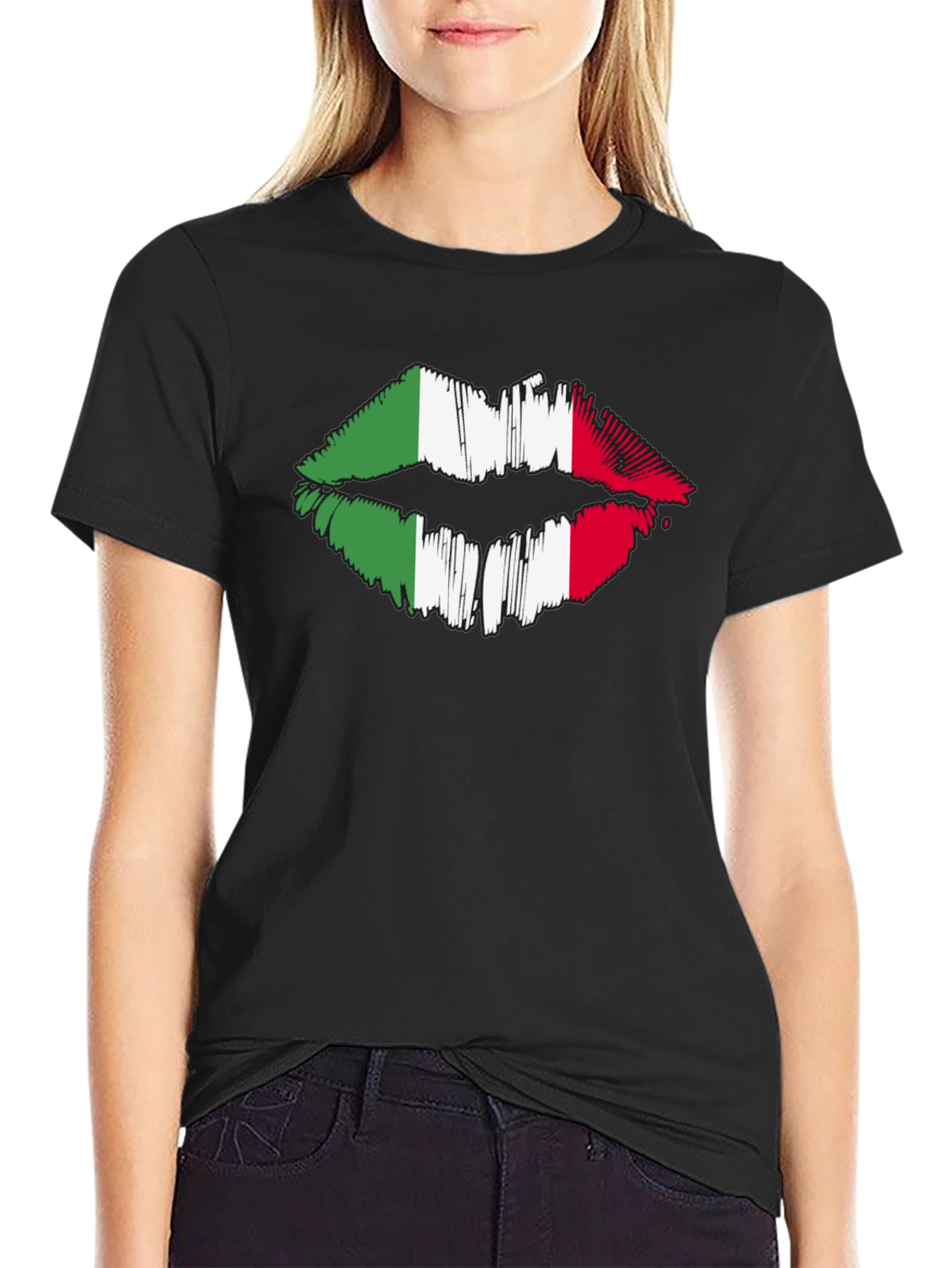 Black Italian Flag Lips Graphic Black T-Shirt view 2