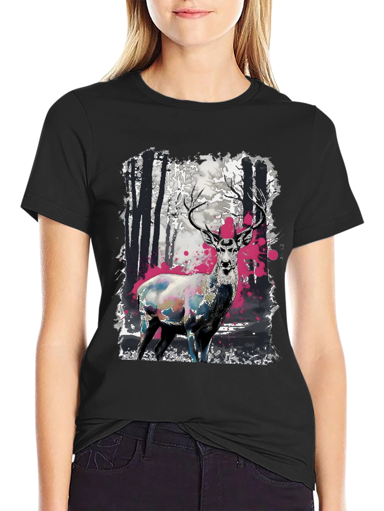 Black Deer in Forest Graphic Print Black T-Shirt view 2