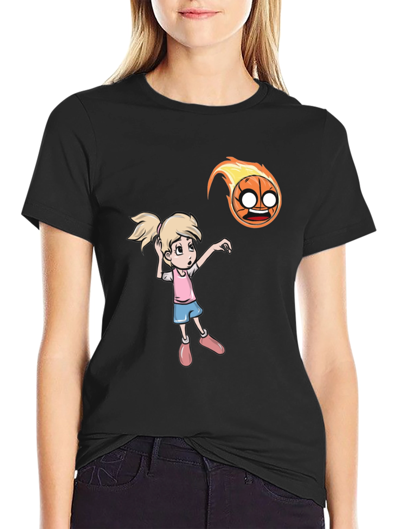 Black Cartoon Girl vs Flaming Basketball T-Shirt view 2