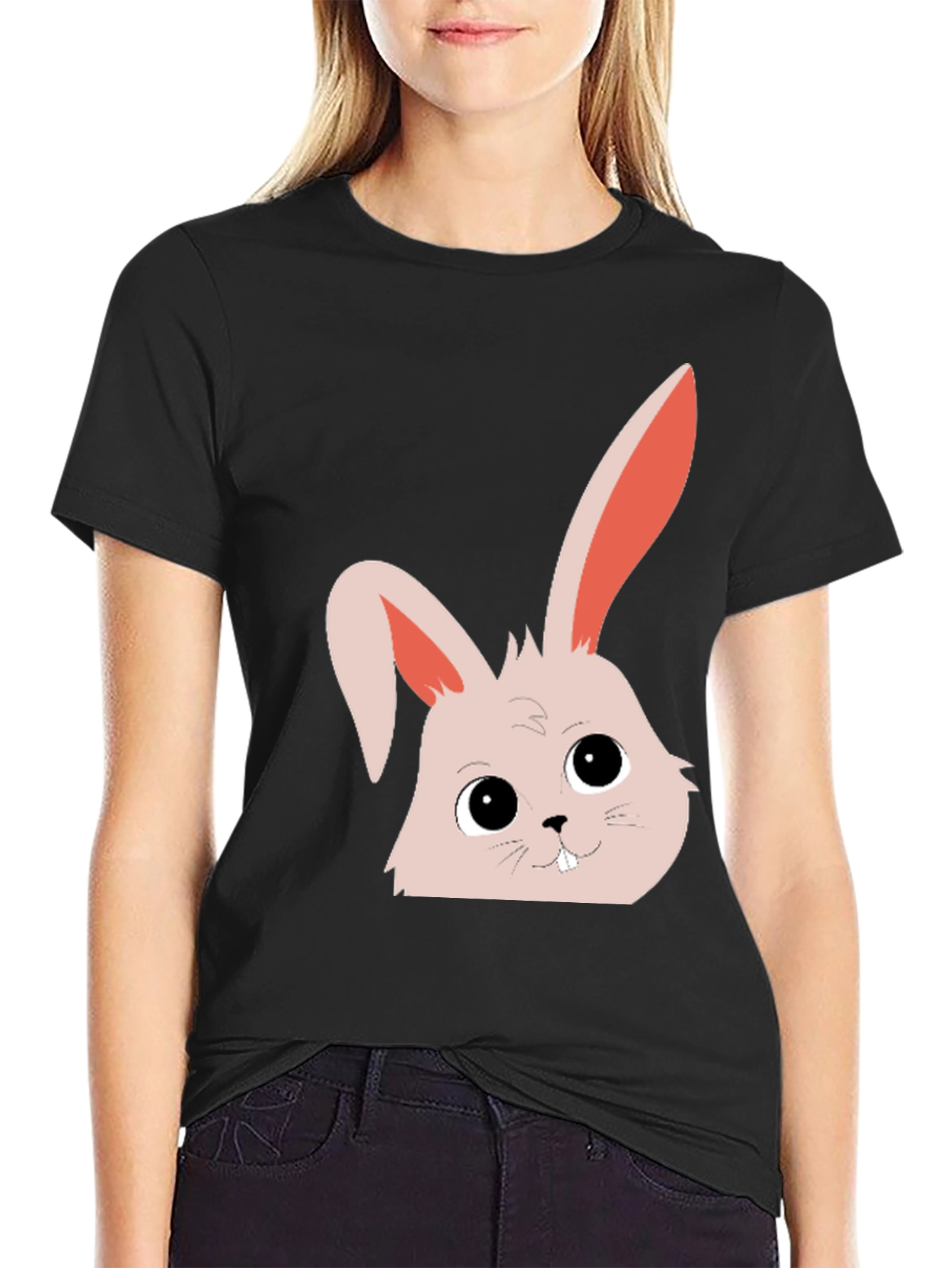Black Cute Bunny Graphic Tee - Black Cotton Blend view 2