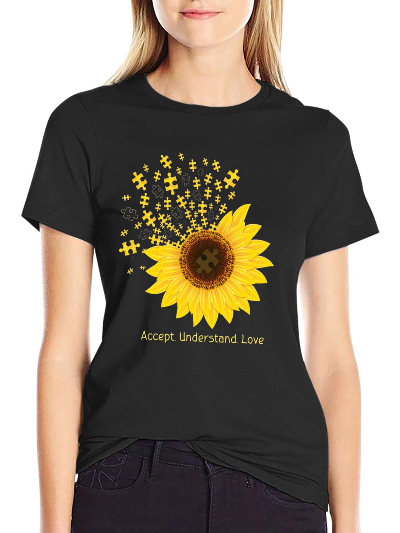 Black Autism Awareness Sunflower T-Shirt - Accept, Understand, Love view 2