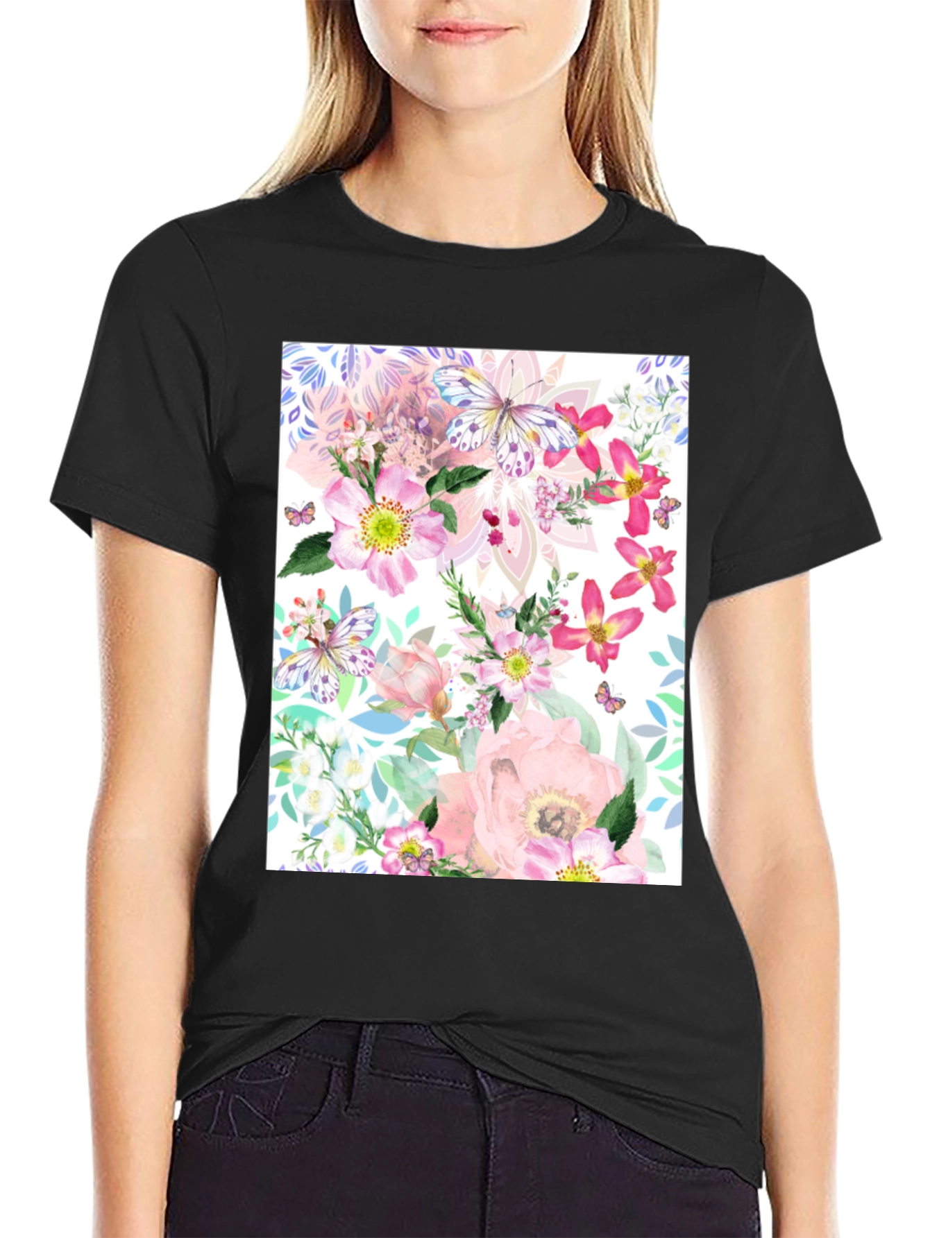 Black Floral Butterfly Print Black T-Shirt view 2