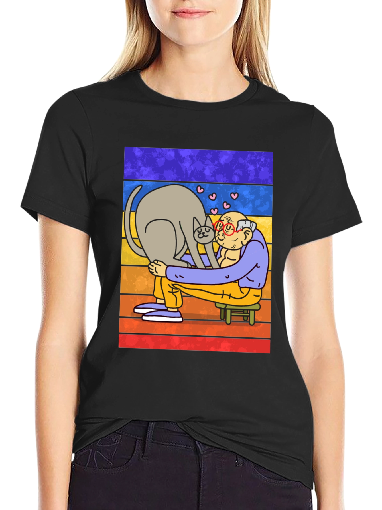 Black Cat Lover T-Shirt - Cartoon Grandpa Hugging Cat view 2