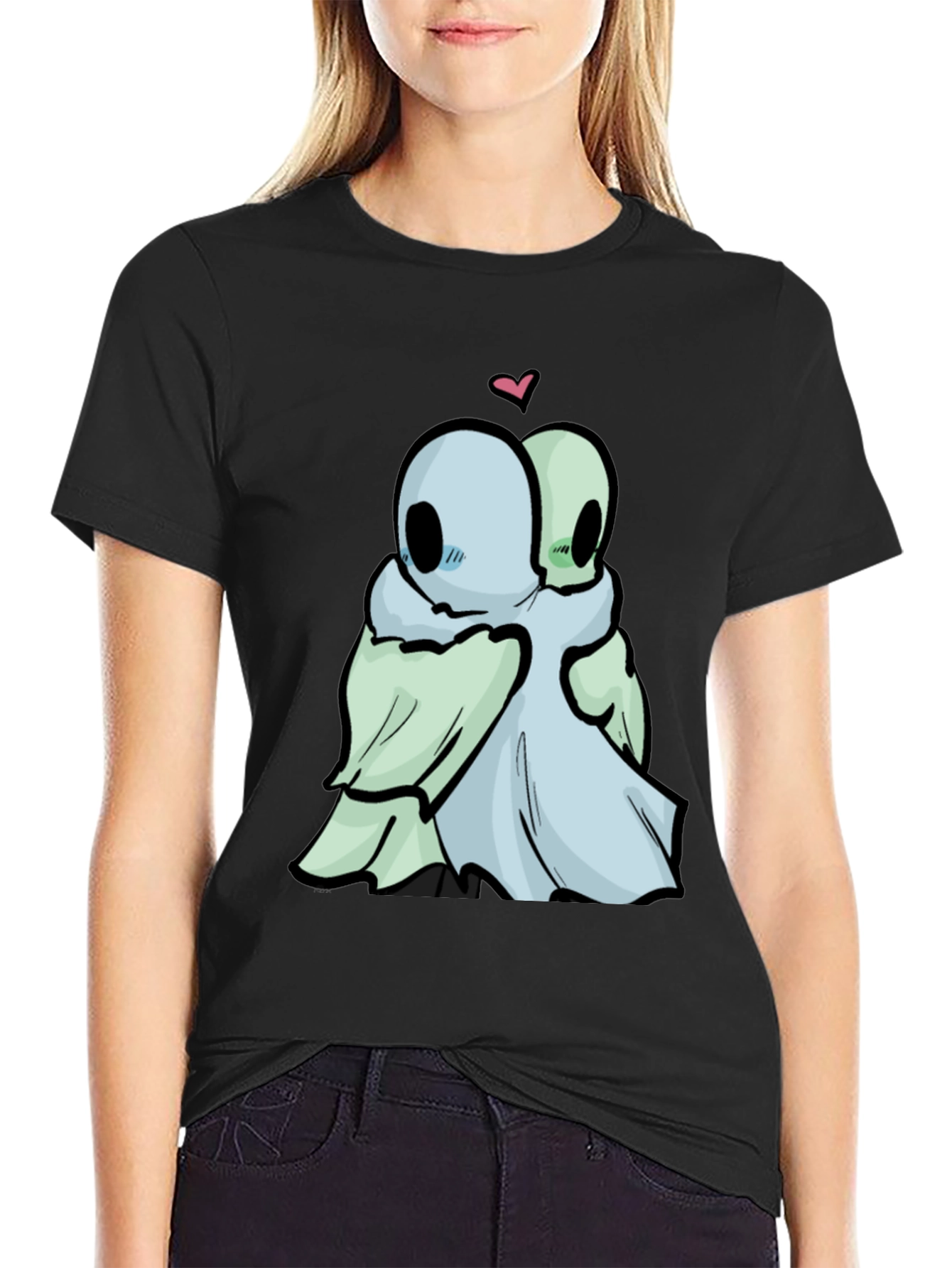 Black Cute Ghost Hug T-Shirt - Black Cotton Tee view 2