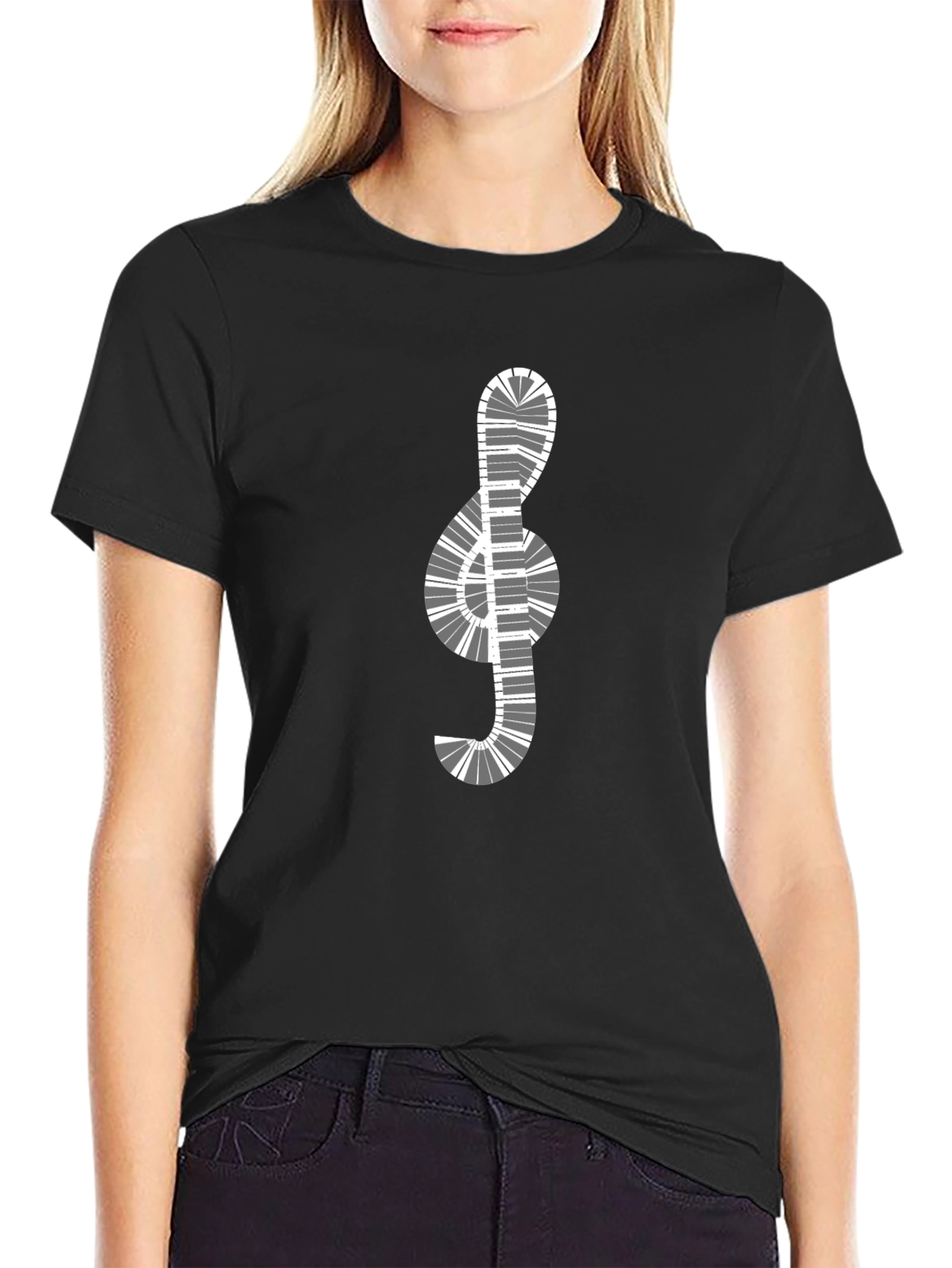 Black Musical Clef Piano Keys Graphic T-Shirt view 2