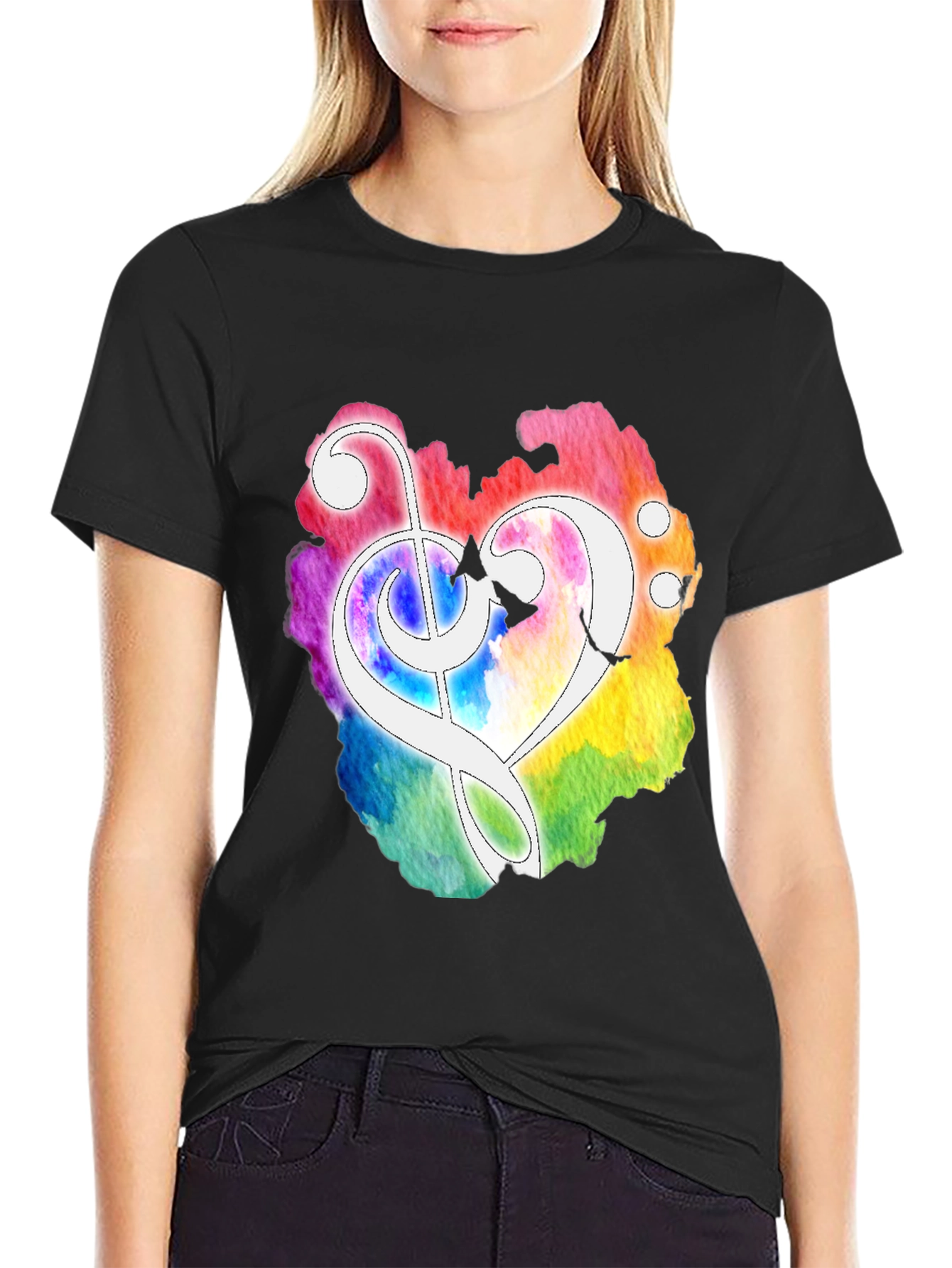 Black Watercolor Heart Treble Clef Black T-Shirt view 2