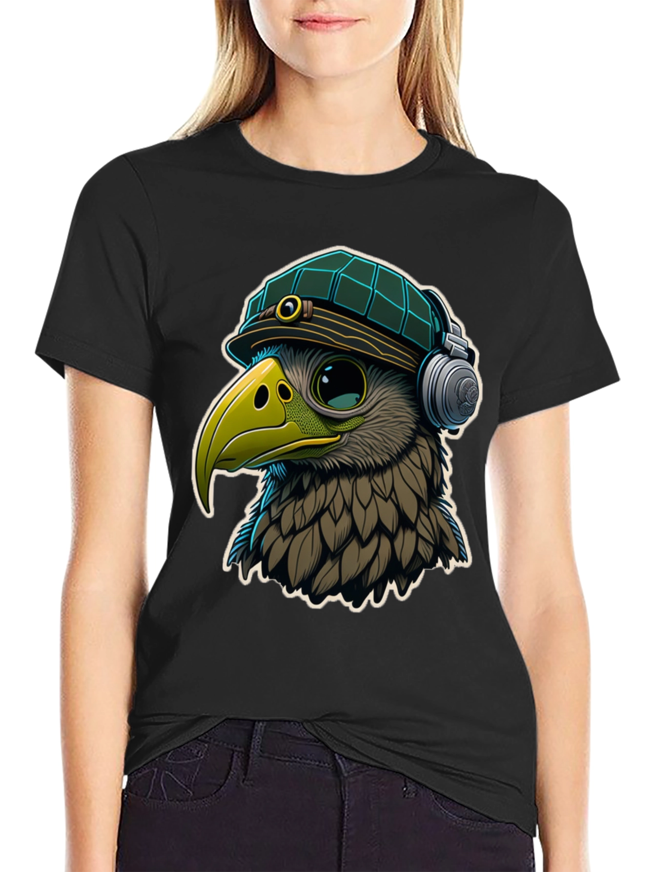Black Cool Bird in Hat & Headphones Graphic Tee view 2