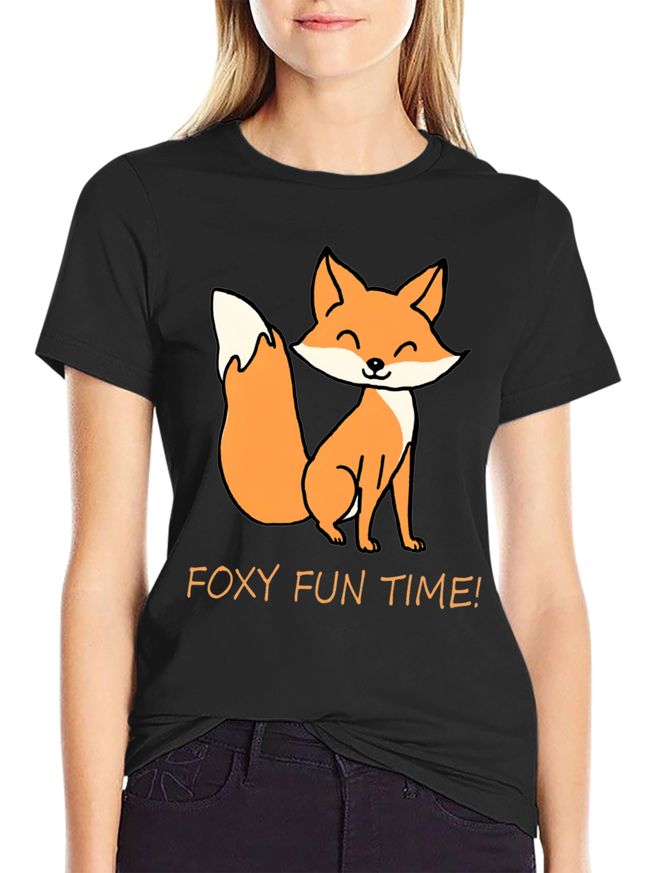 Black Foxy Fun Time T-Shirt - Cute Cartoon Fox Tee view 2