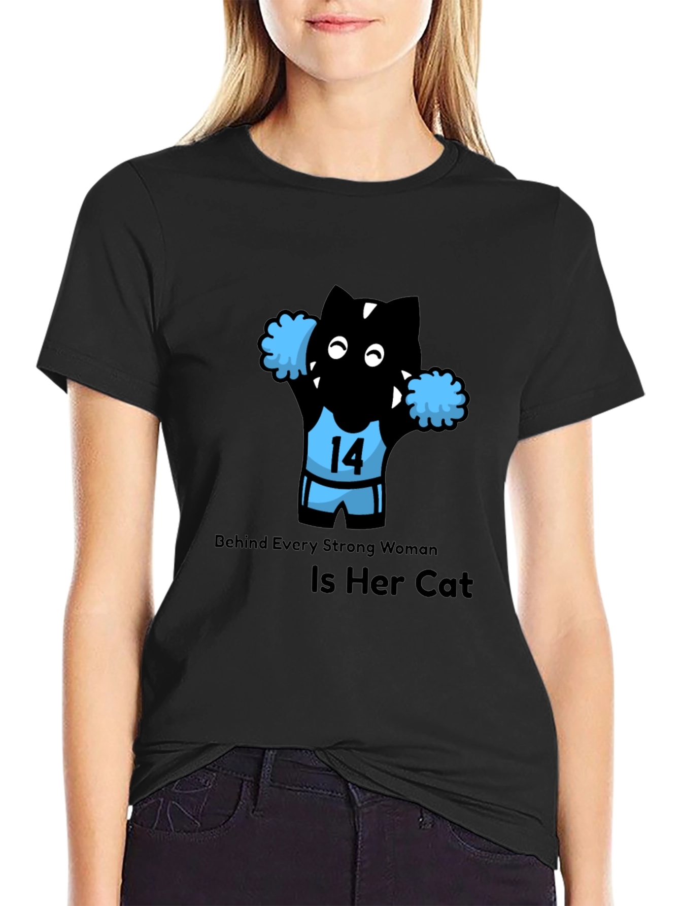 Black Funny Cat Cheerleader T-Shirt - Strong Women Support Cats! view 2