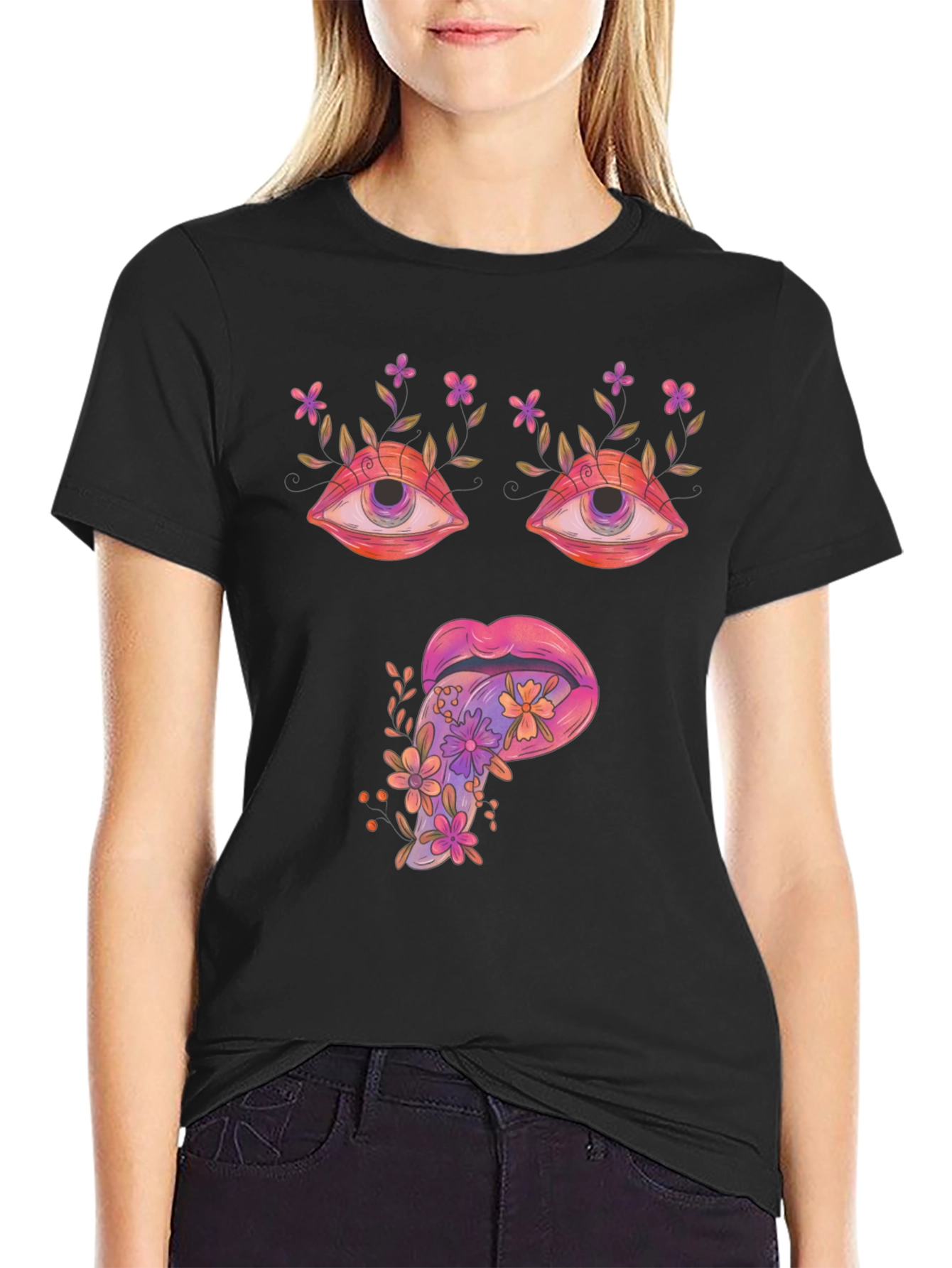 Black Psychedelic Eyes & Tongue Graphic T-Shirt - Black view 2
