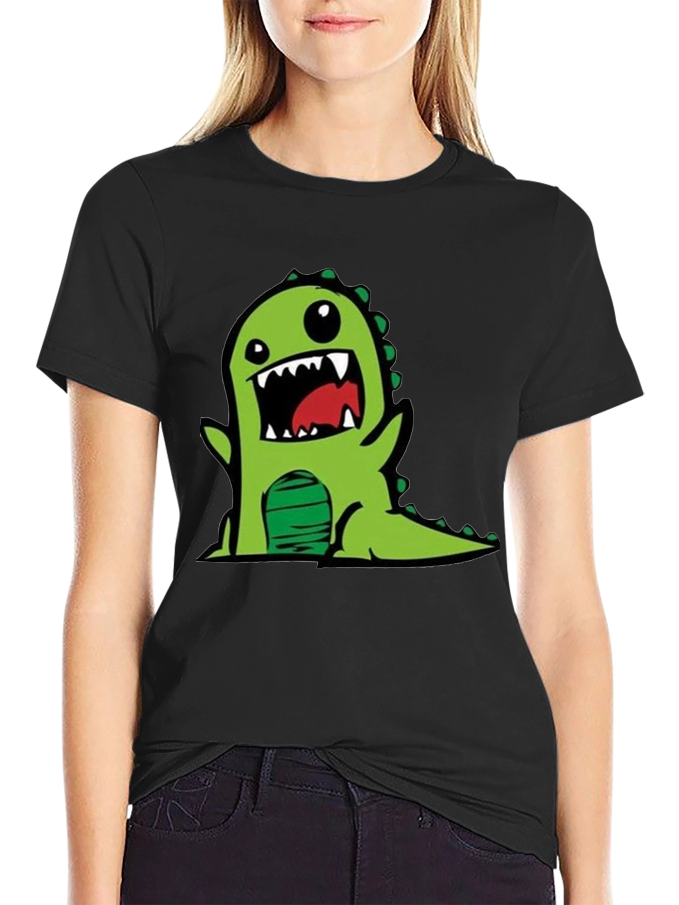 Black Cartoon Dinosaur Graphic Tee - Black Cotton T-Shirt view 2