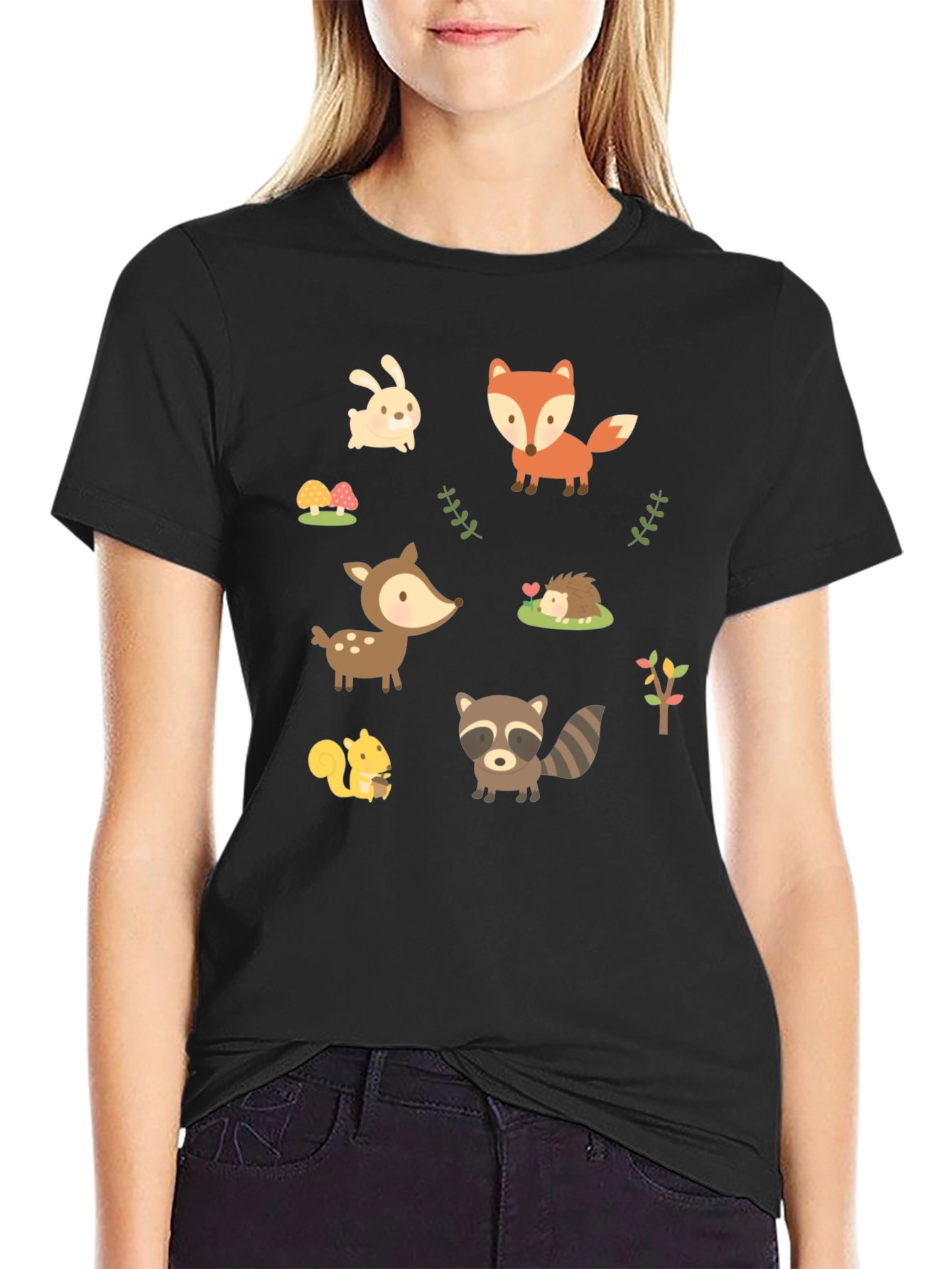 Black Cute Woodland Animal Print Black T-Shirt view 2
