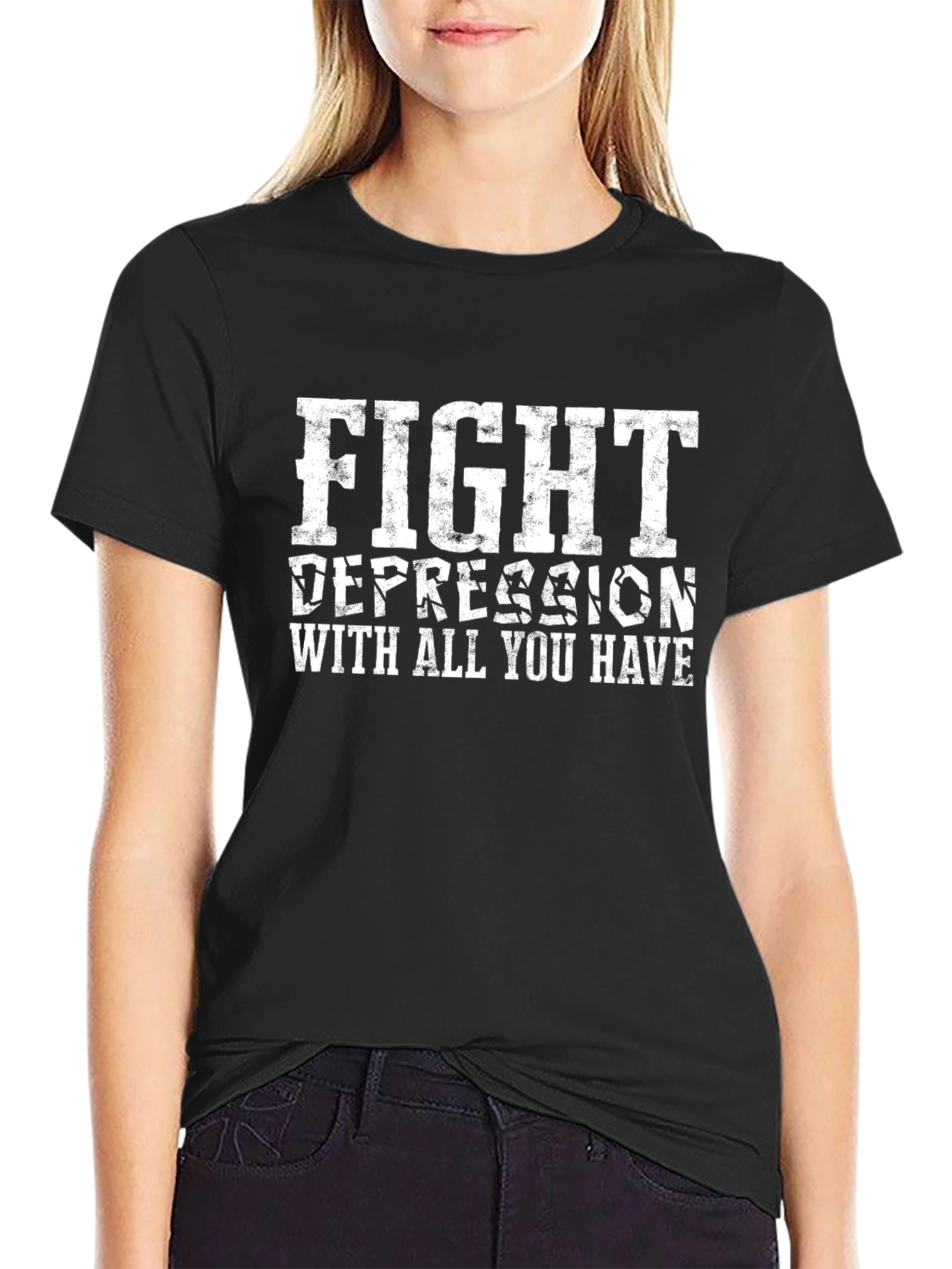 Black Fight Depression T-Shirt - Motivational Graphic Tee view 2