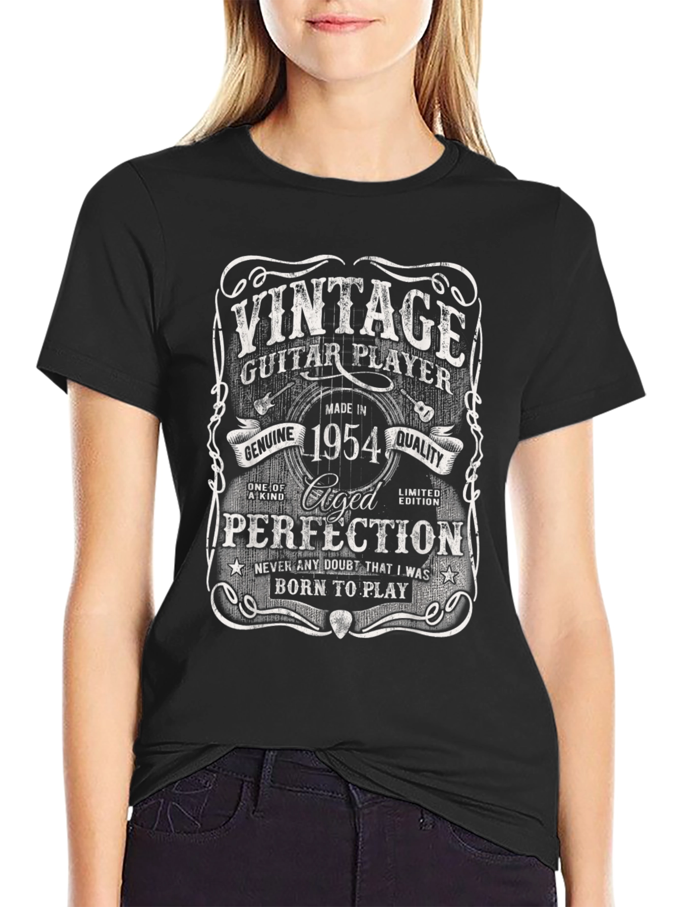 Black Vintage 1954 Guitar Player T-Shirt view 2