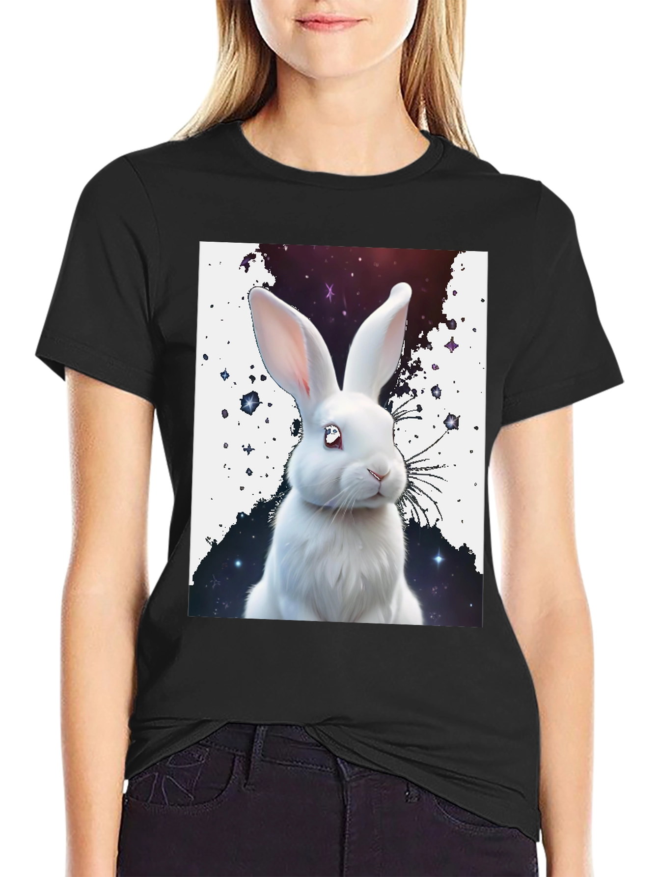 Black Cosmic Bunny T-Shirt - Unique Galaxy Rabbit Design view 2