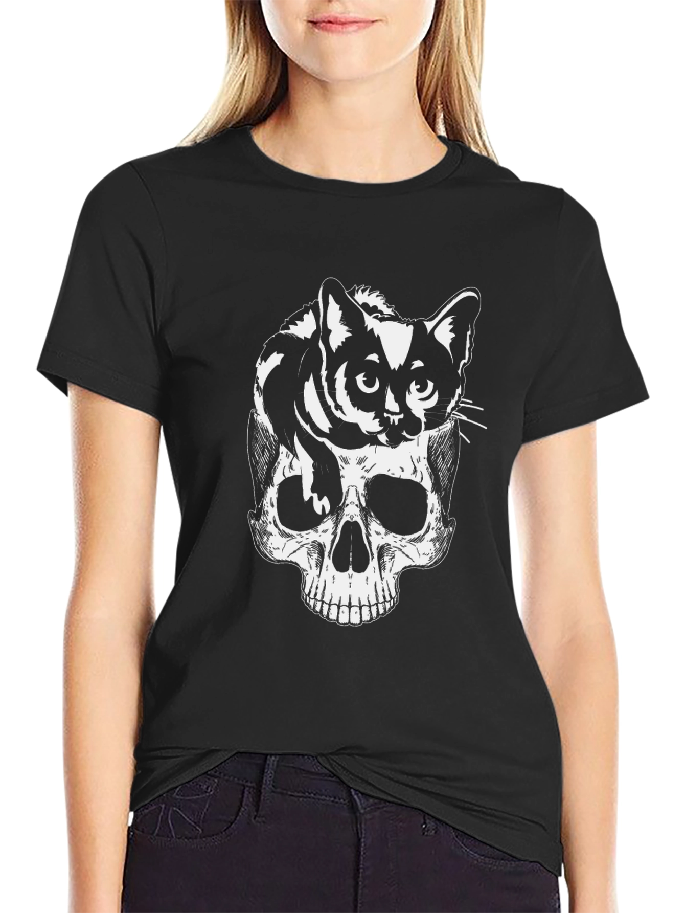 Black Skull & Cat Graphic Tee - Black Cotton Blend view 2